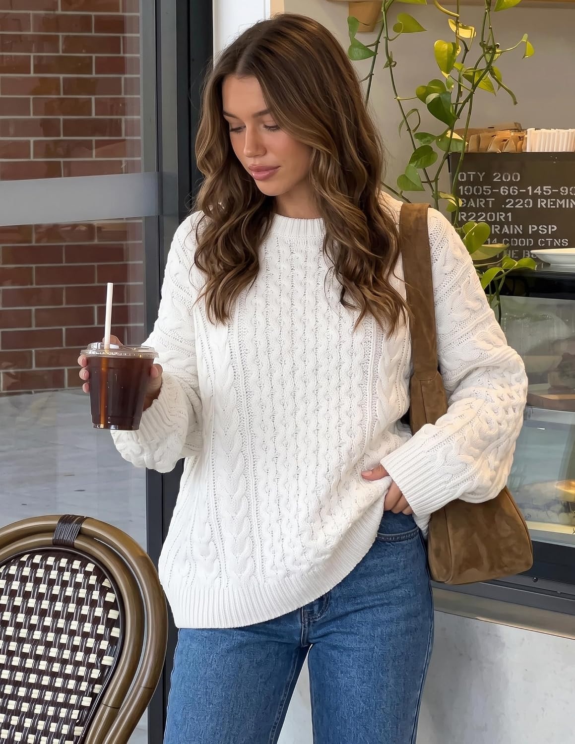 image:imageZESICA Womens 2026 Fall Oversized Chunky Cable Knit Tunic SweatersWhite