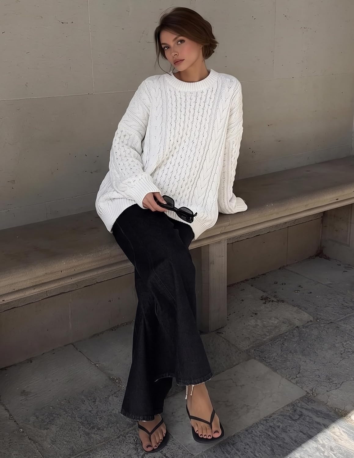 image:imageZESICA Womens 2026 Fall Oversized Chunky Cable Knit Tunic SweatersWhite