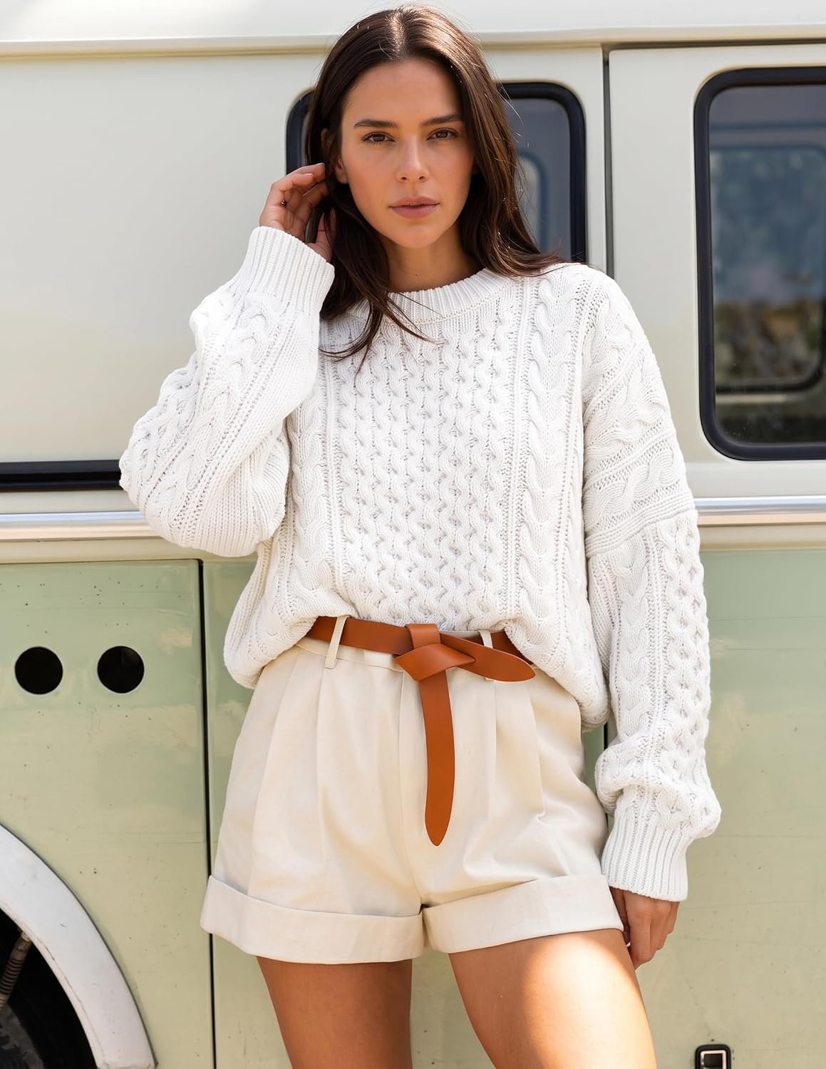 image:imageZESICA Womens 2026 Fall Oversized Chunky Cable Knit Tunic SweatersWhite