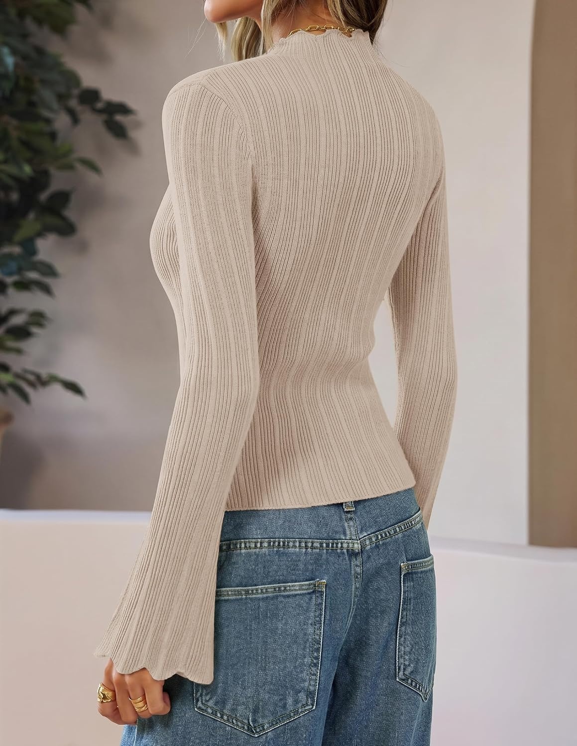 image:imageZESICA Womens Fall Bell Long Sleeve Knit Sweaters Scalloped Mock Neck TopsAlmond