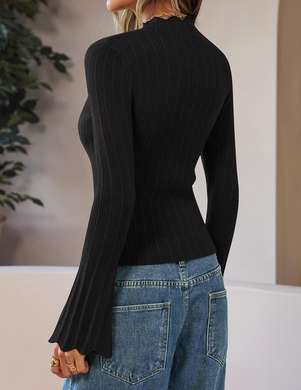 image:imageZESICA Womens Fall Bell Long Sleeve Knit Sweaters Scalloped Mock Neck TopsBlack