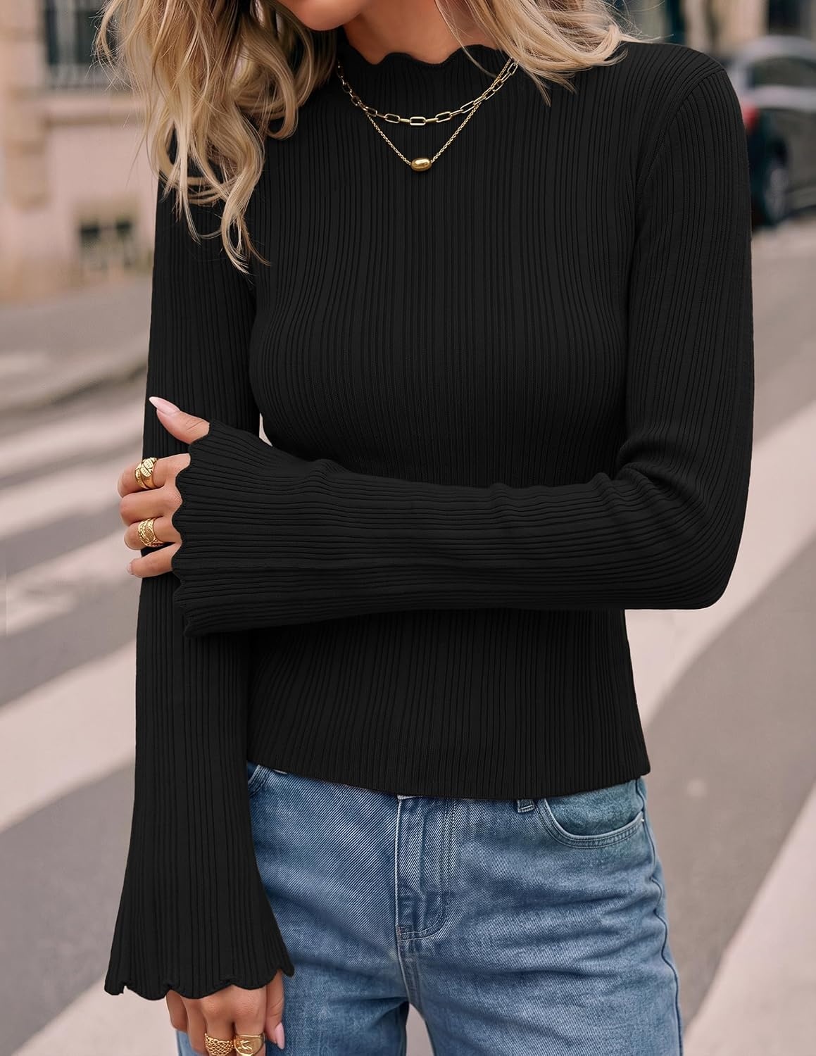 image:imageZESICA Womens Fall Bell Long Sleeve Knit Sweaters Scalloped Mock Neck TopsBlack