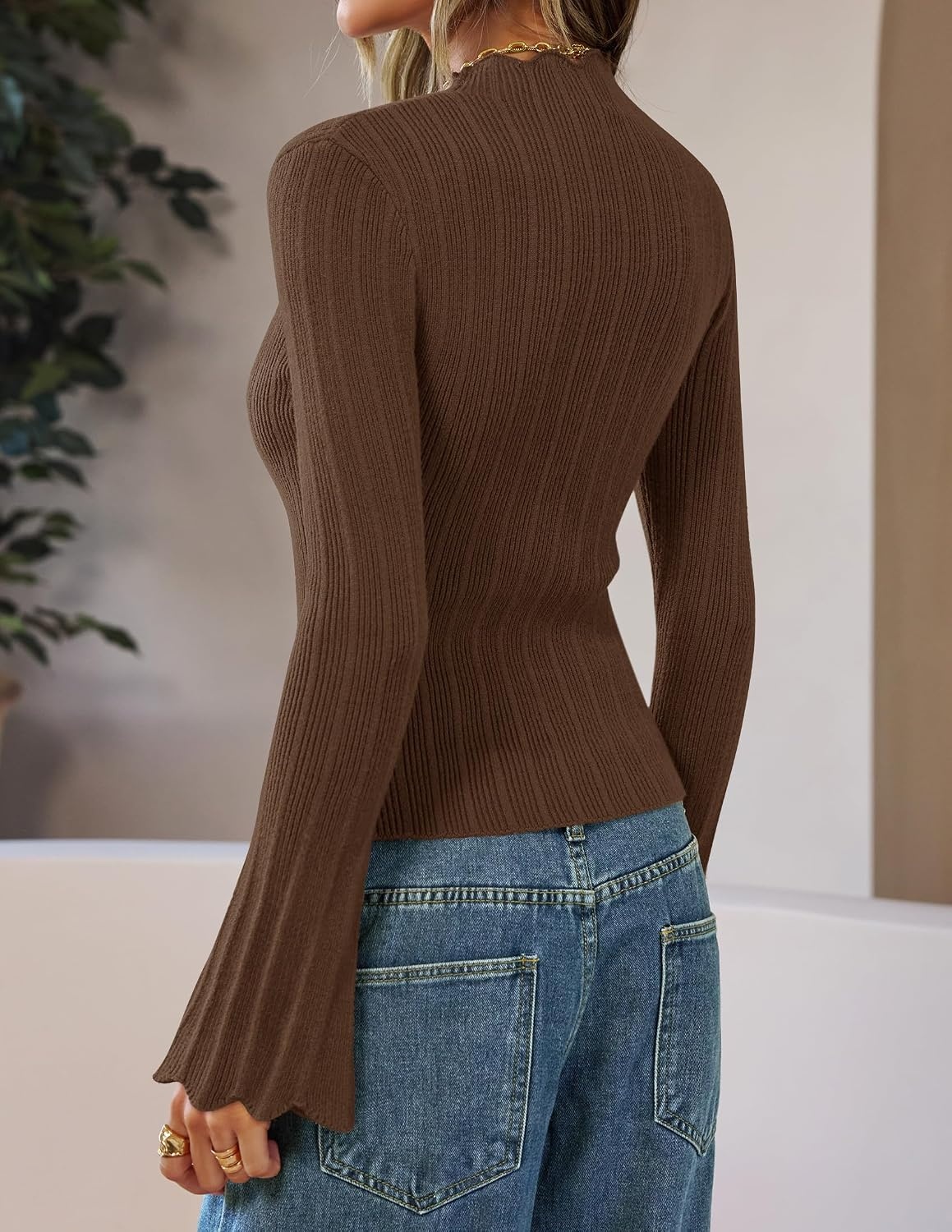image:imageZESICA Womens Fall Bell Long Sleeve Knit Sweaters Scalloped Mock Neck TopsBrown