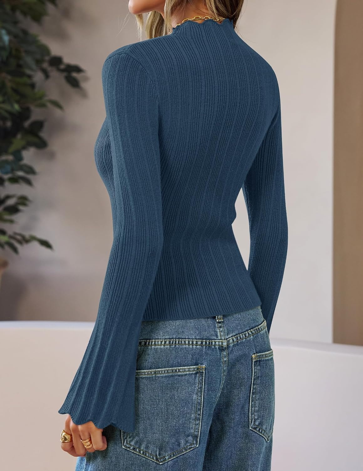 image:imageZESICA Womens Fall Bell Long Sleeve Knit Sweaters Scalloped Mock Neck TopsDustyblue