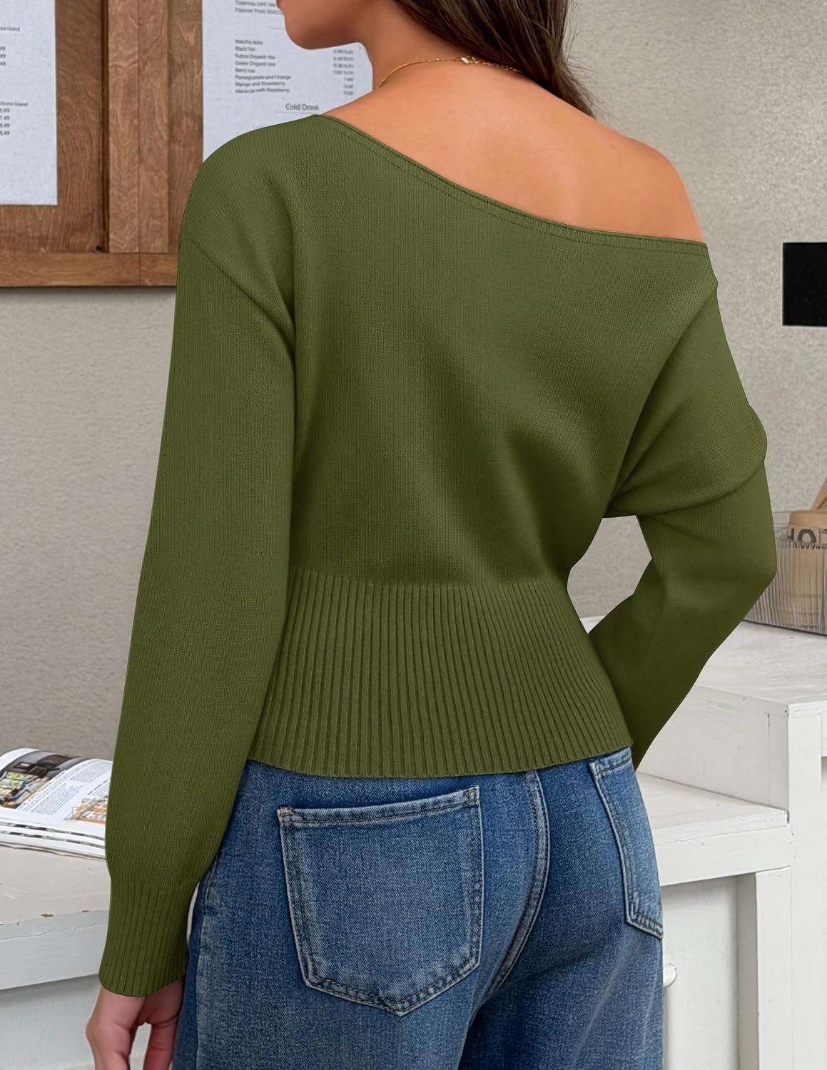 image:imageZESICA Womens Fall Off Shoulder Cinched Waist Cropped Sweaters TrendyArmygreen