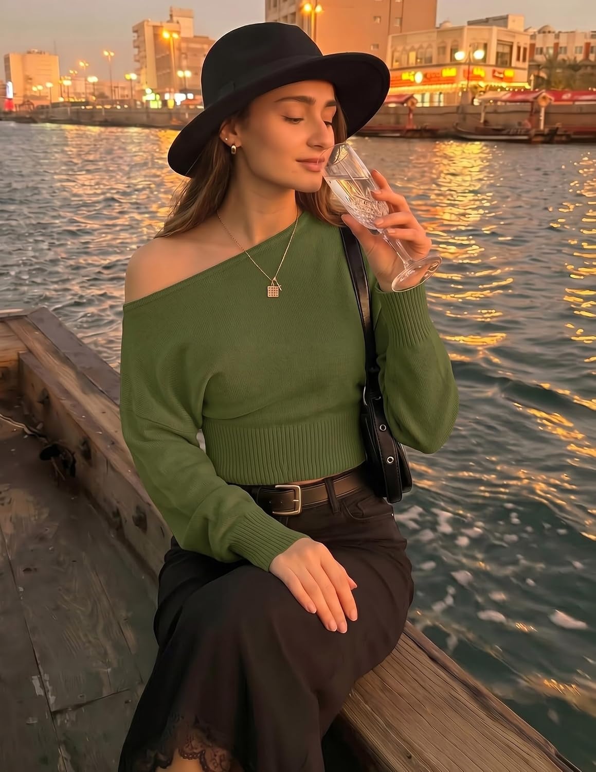 image:imageZESICA Womens Fall Off Shoulder Cinched Waist Cropped Sweaters TrendyArmygreen