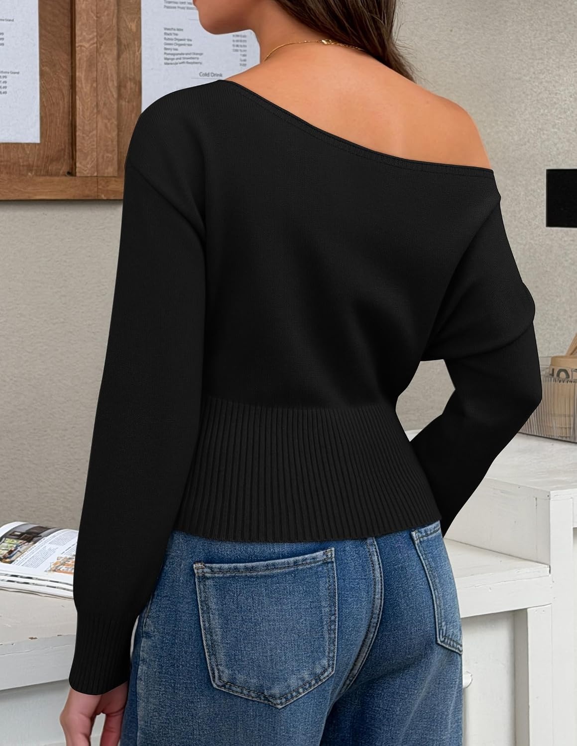 image:imageZESICA Womens Fall Off Shoulder Cinched Waist Cropped Sweaters TrendyBlack