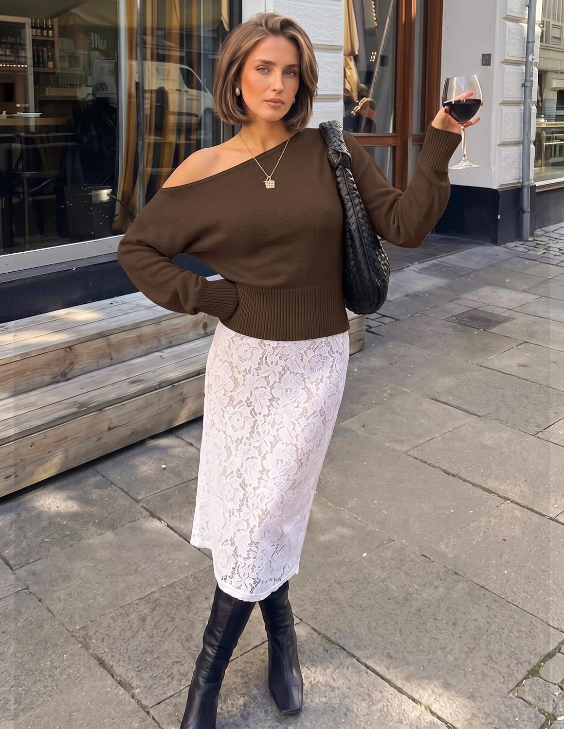 image:imageZESICA Womens Fall Off Shoulder Cinched Waist Cropped Sweaters TrendyBrown