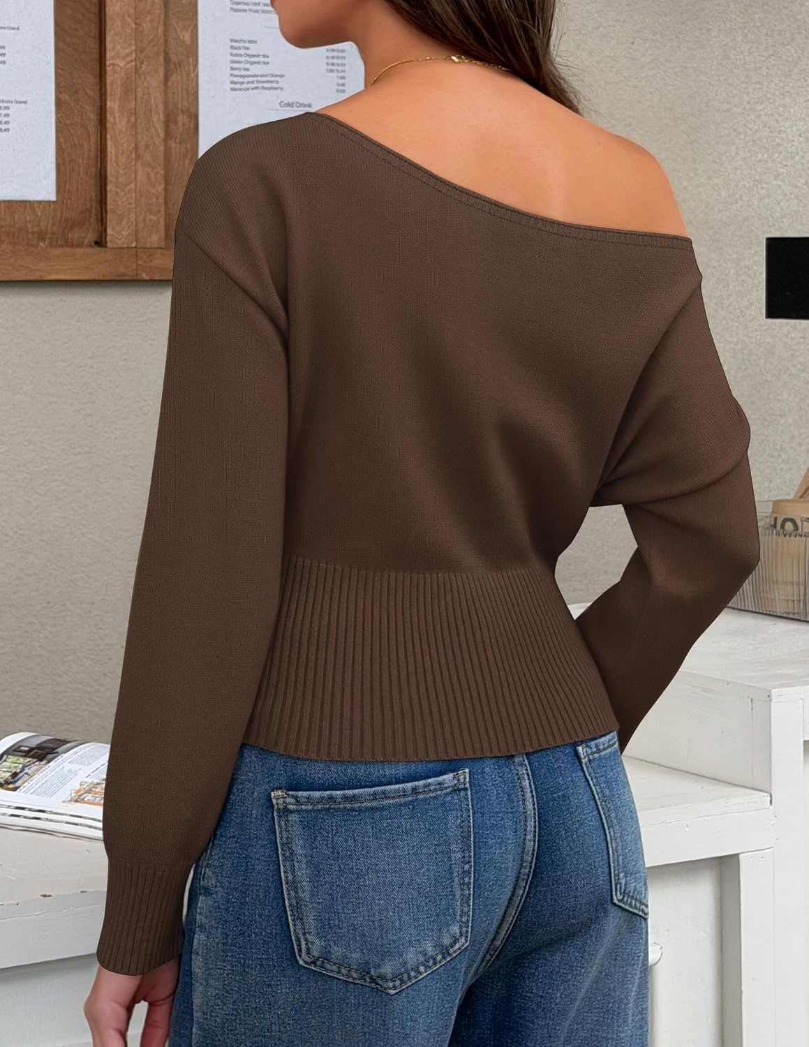 image:imageZESICA Womens Fall Off Shoulder Cinched Waist Cropped Sweaters TrendyBrown