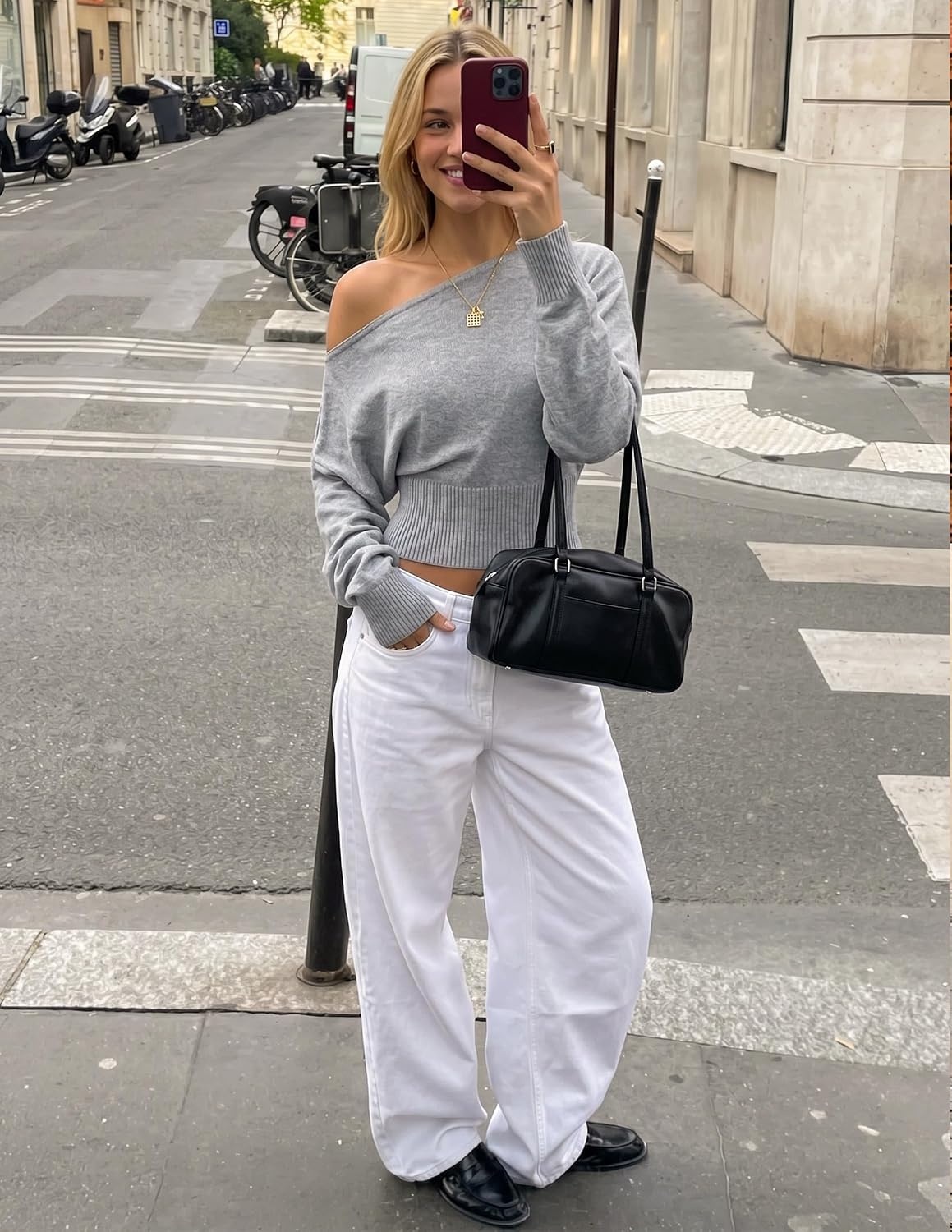 image:imageZESICA Womens Fall Off Shoulder Cinched Waist Cropped Sweaters TrendyGray