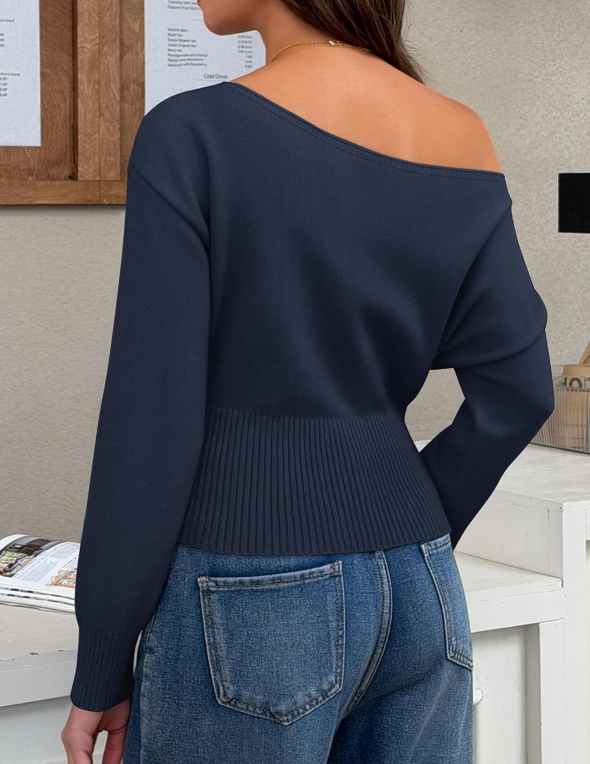 image:imageZESICA Womens Fall Off Shoulder Cinched Waist Cropped Sweaters TrendyNavy