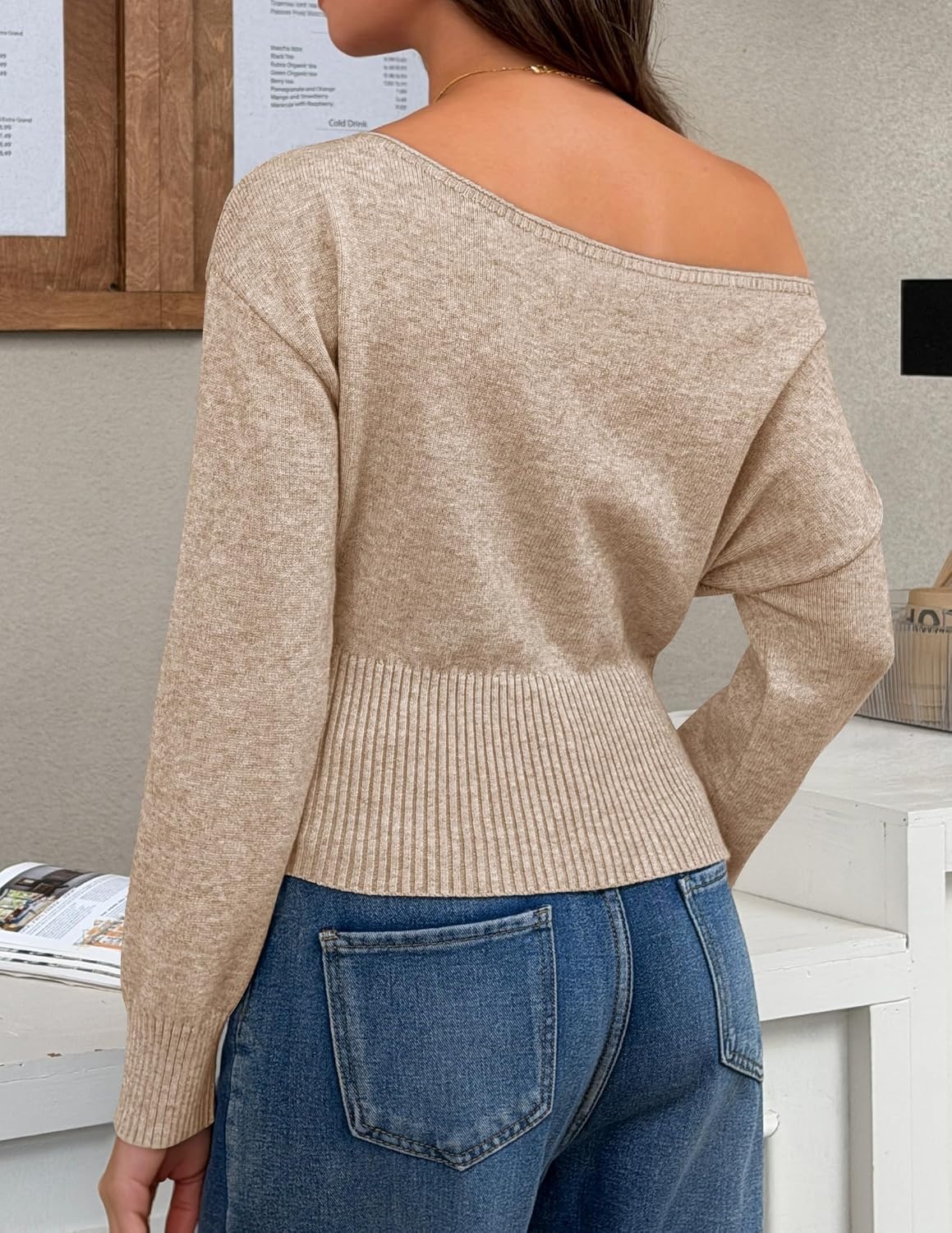 image:imageZESICA Womens Fall Off Shoulder Cinched Waist Cropped Sweaters TrendyOats