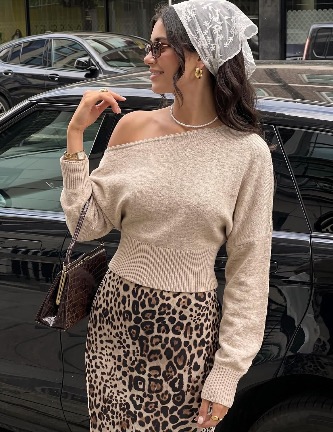 image:imageZESICA Womens Fall Off Shoulder Cinched Waist Cropped Sweaters TrendyOats