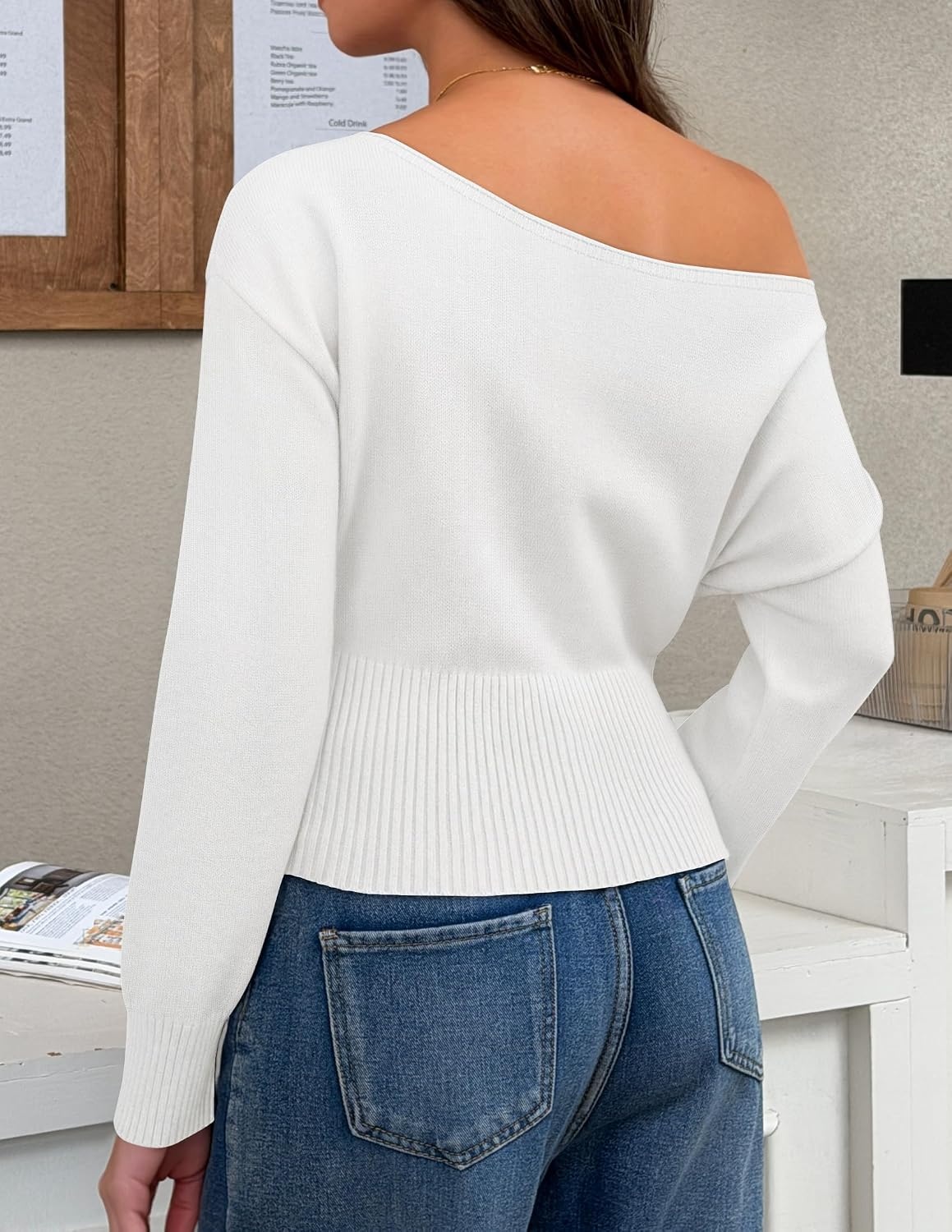 image:imageZESICA Womens Fall Off Shoulder Cinched Waist Cropped Sweaters TrendyWhite