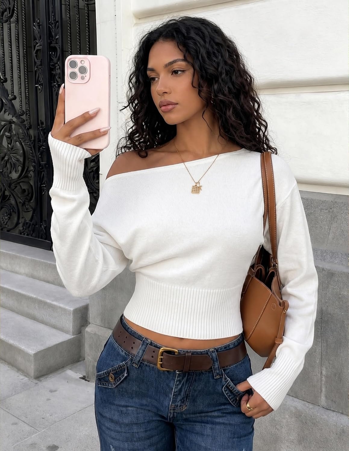 image:imageZESICA Womens Fall Off Shoulder Cinched Waist Cropped Sweaters TrendyWhite
