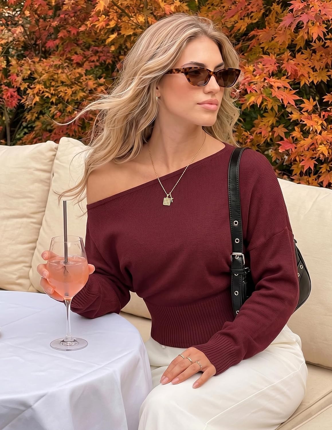 image:imageZESICA Womens Fall Off Shoulder Cinched Waist Cropped Sweaters TrendyWine