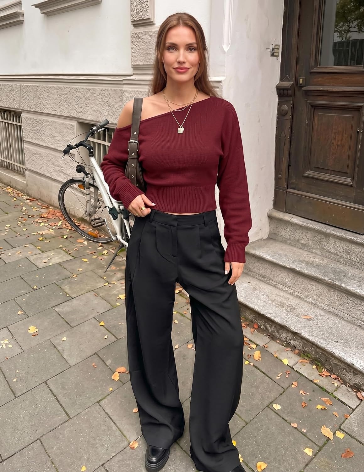image:imageZESICA Womens Fall Off Shoulder Cinched Waist Cropped Sweaters TrendyWine