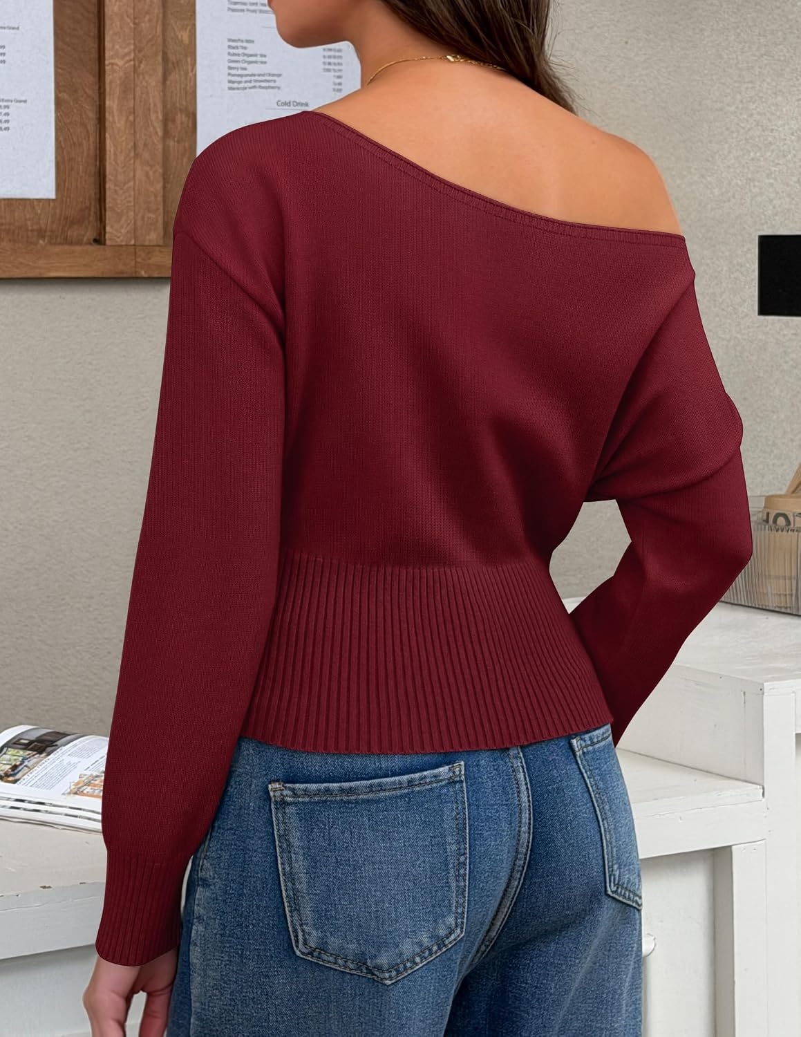 image:imageZESICA Womens Fall Off Shoulder Cinched Waist Cropped Sweaters TrendyWine