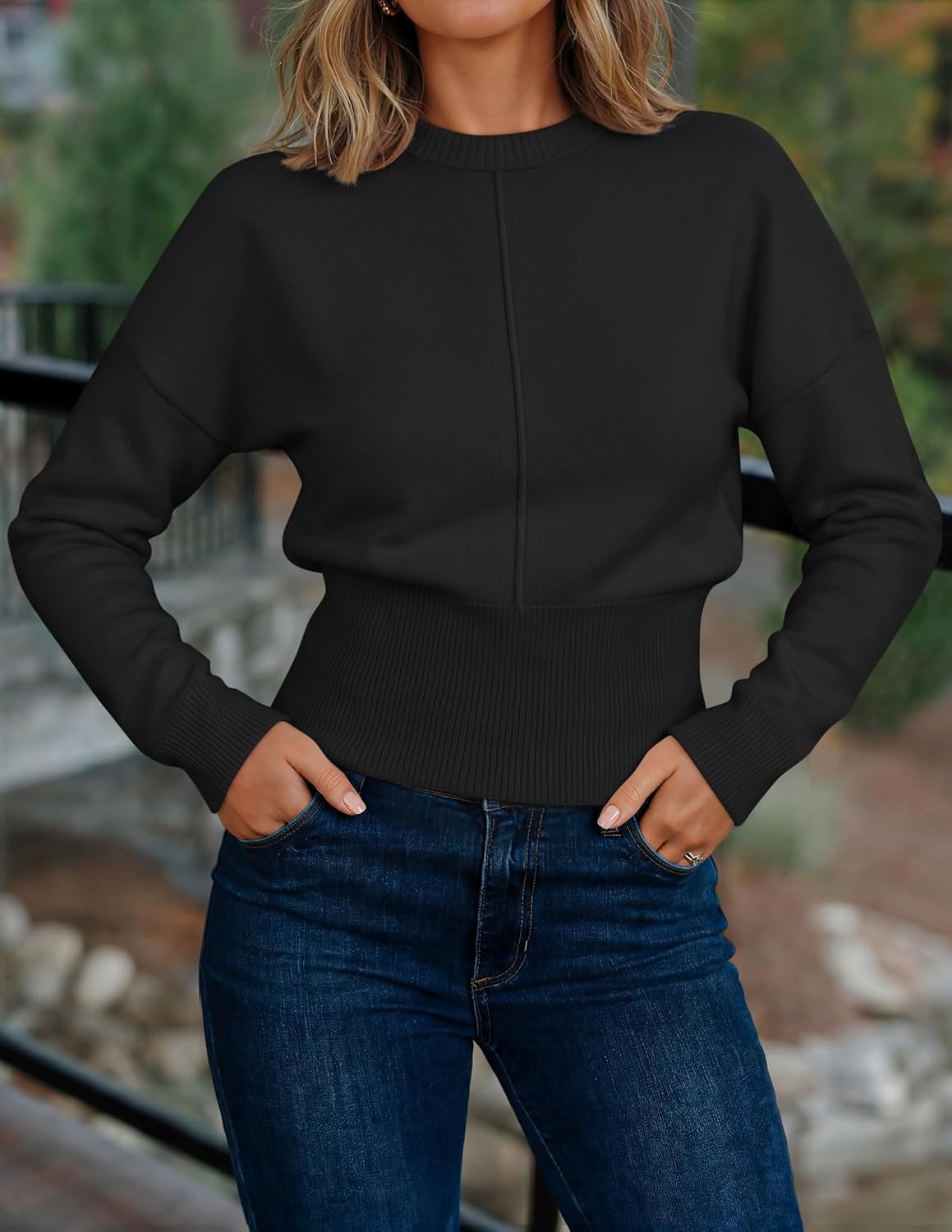 image:imageZESICA Womens Fall Sweaters Crewneck Cinched Waist Pullover TopsBlack