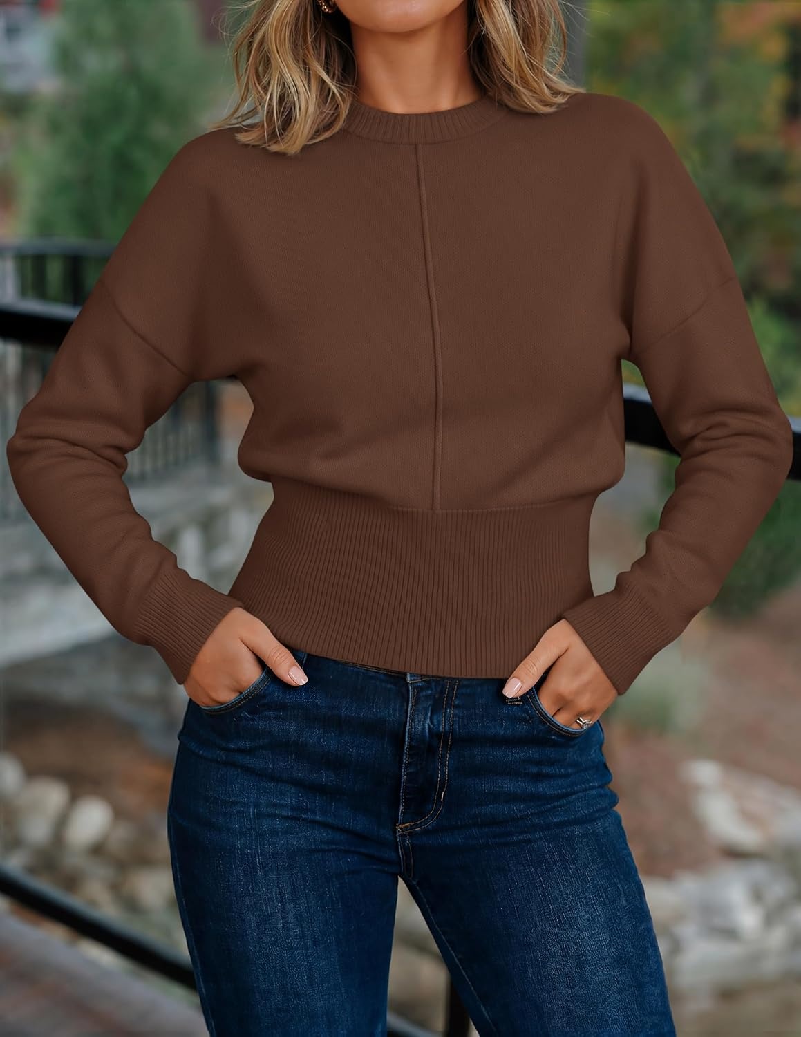 image:imageZESICA Womens Fall Sweaters Crewneck Cinched Waist Pullover TopsBrown