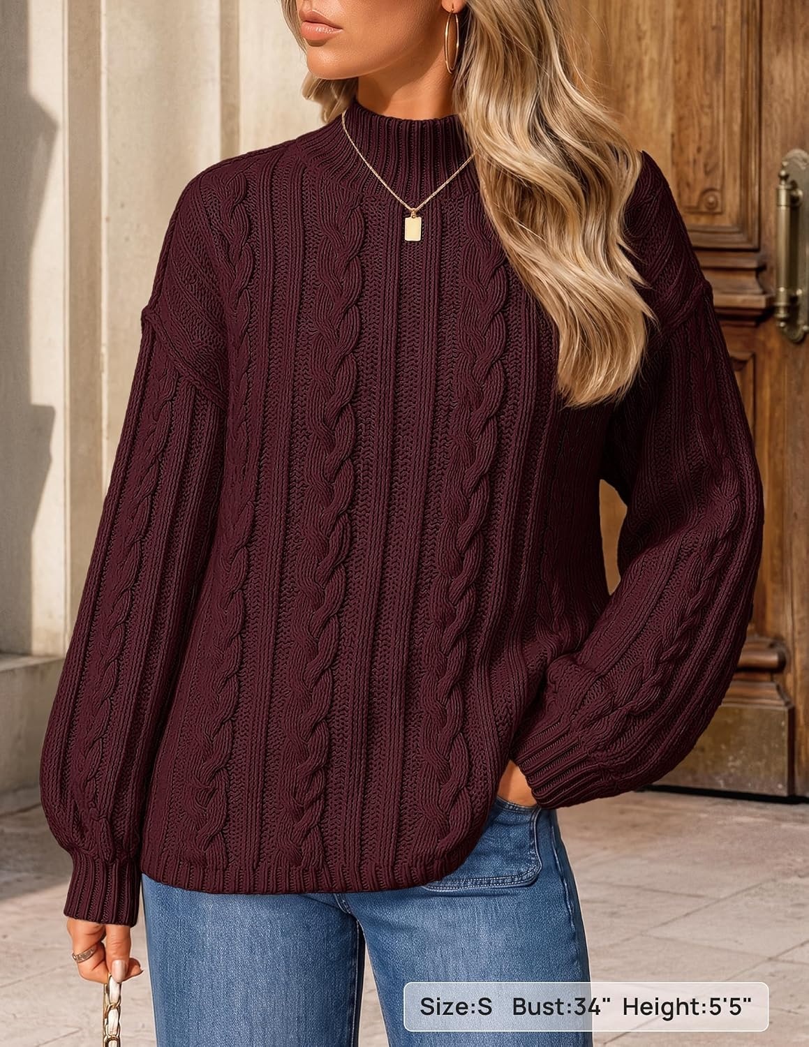 image:imageZESICA Womens Fall Sweaters Oversized Mock Neck Cable Knit OutfitsWine
