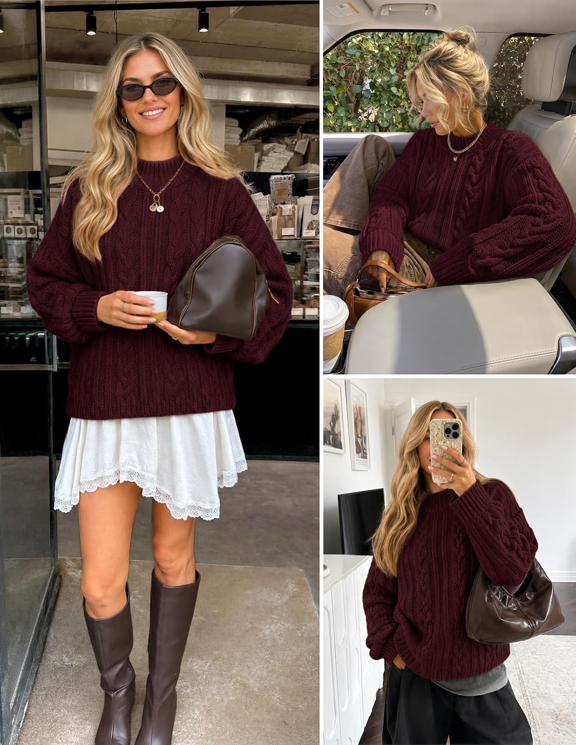 image:imageZESICA Womens Fall Sweaters Oversized Mock Neck Cable Knit OutfitsWine