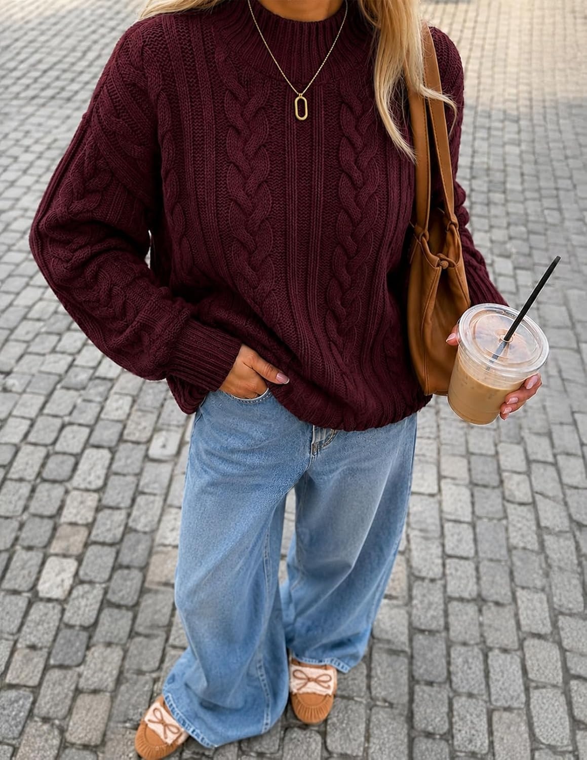 image:imageZESICA Womens Fall Sweaters Oversized Mock Neck Cable Knit OutfitsWine