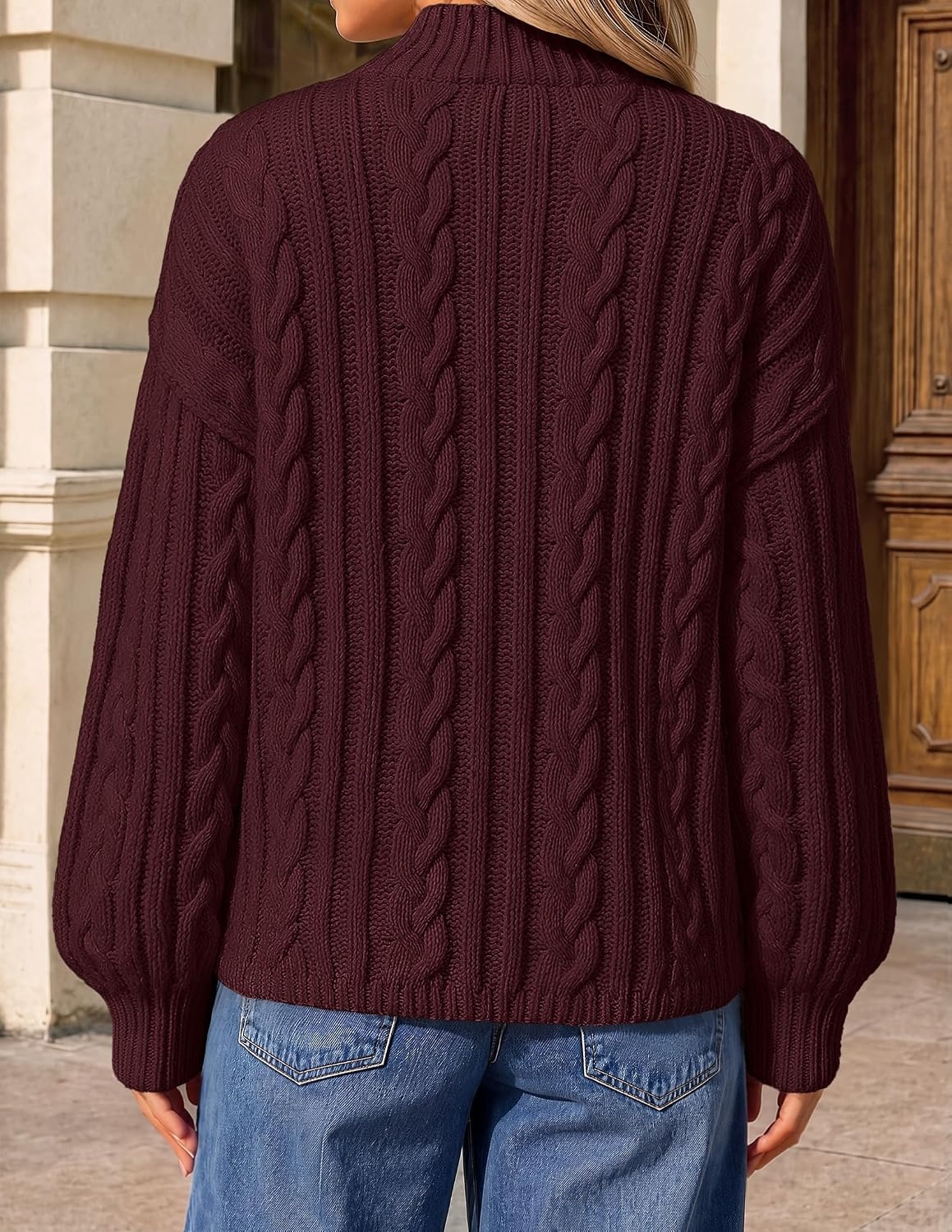 image:imageZESICA Womens Fall Sweaters Oversized Mock Neck Cable Knit OutfitsWine