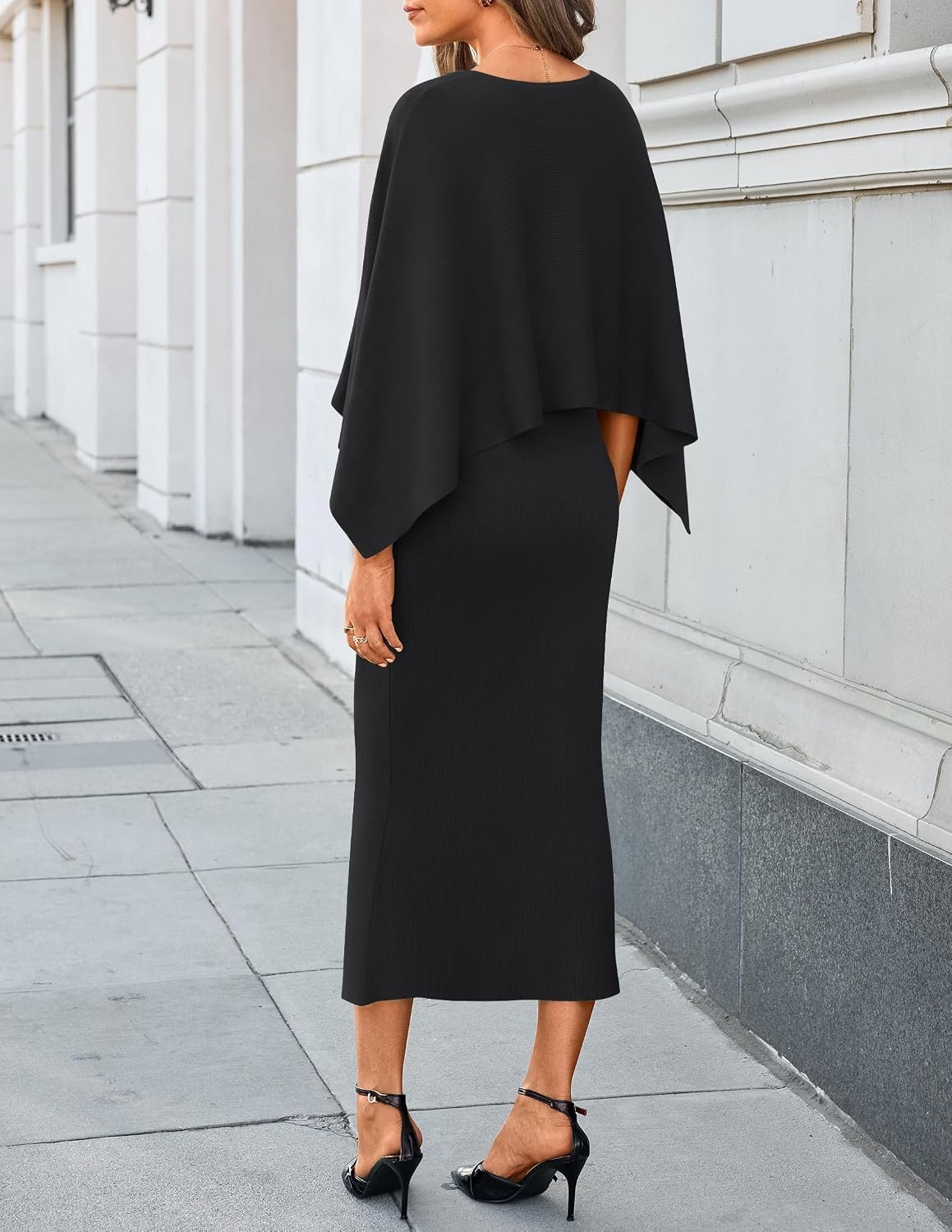 image:imageZESICA Womens Fall Two Piece Outfits Shawl Poncho Sweater Bodycon DressesBlack