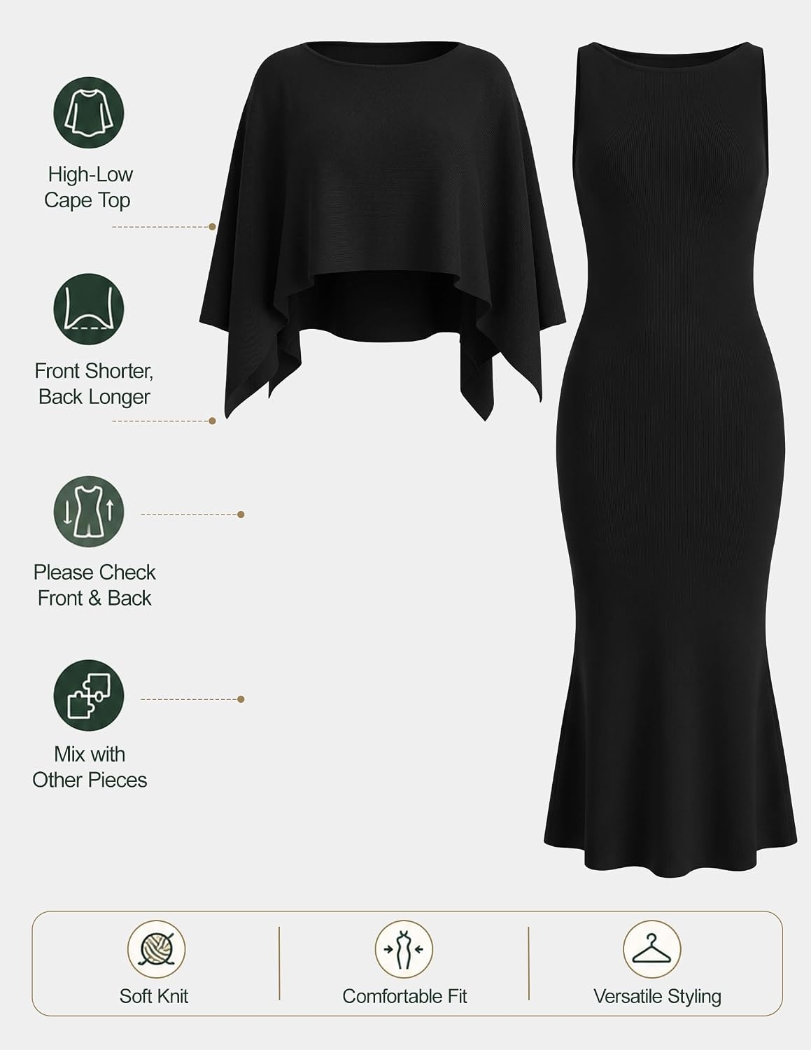 image:imageZESICA Womens Fall Two Piece Outfits Shawl Poncho Sweater Bodycon DressesBlack