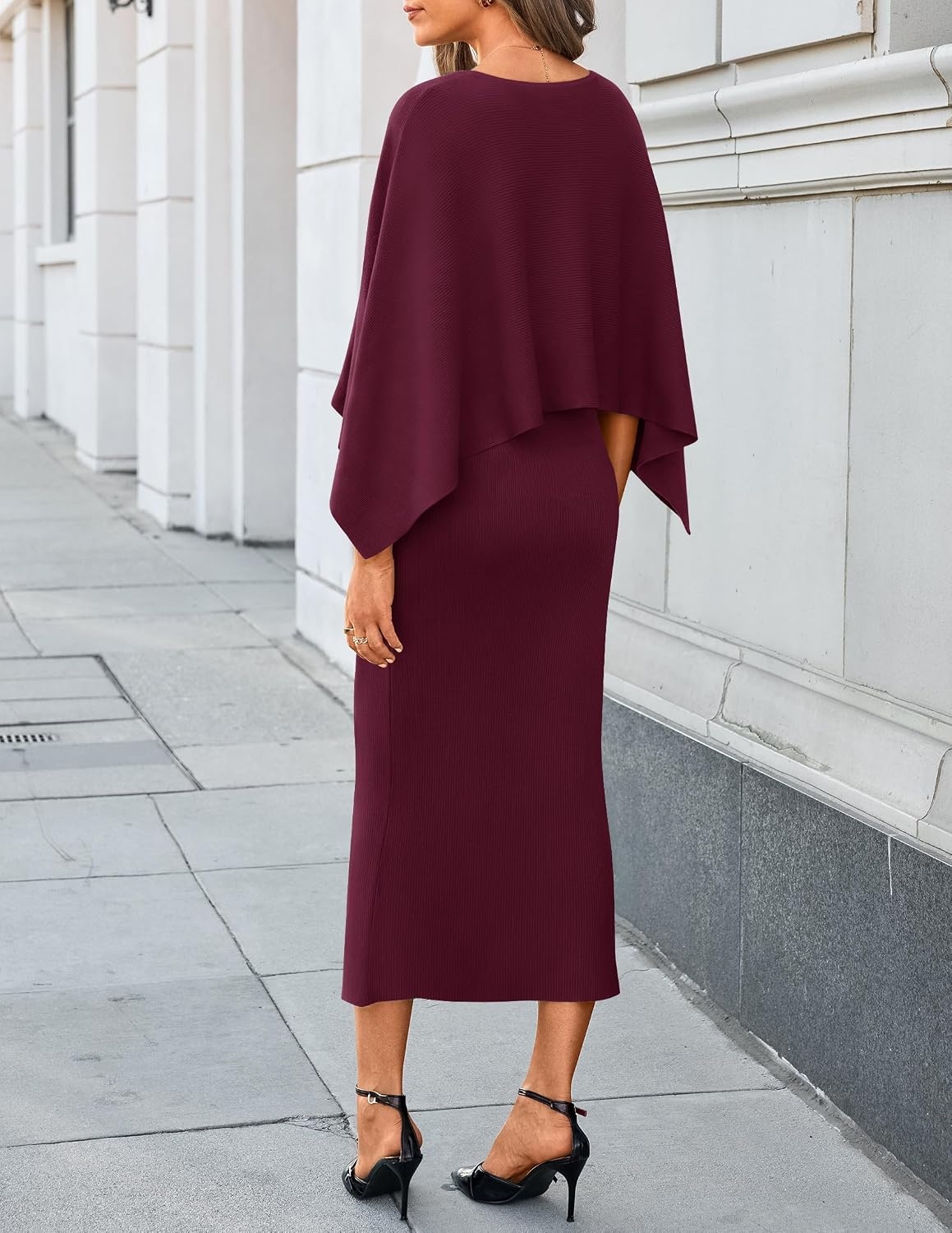image:imageZESICA Womens Fall Two Piece Outfits Shawl Poncho Sweater Bodycon DressesBurgundy