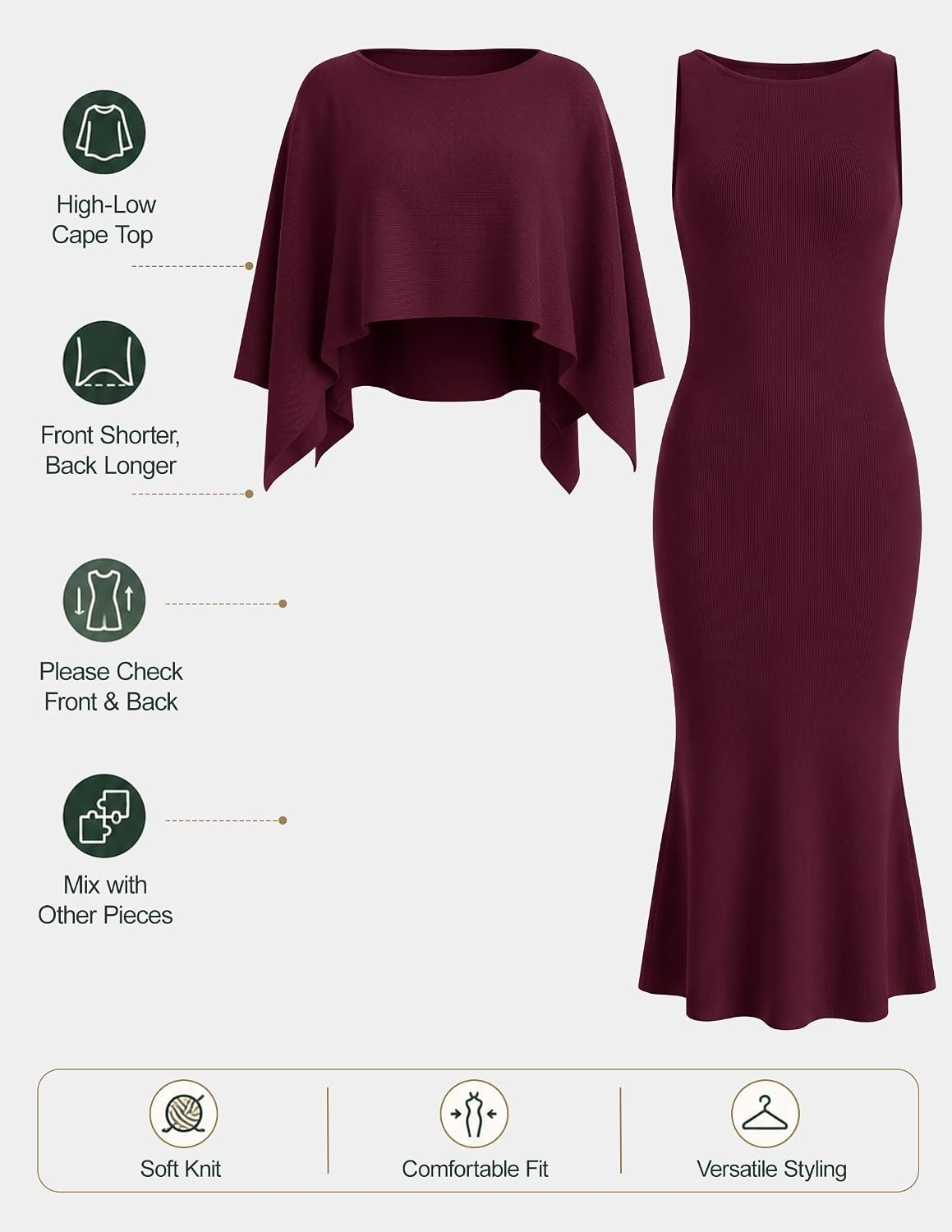 image:imageZESICA Womens Fall Two Piece Outfits Shawl Poncho Sweater Bodycon DressesBurgundy