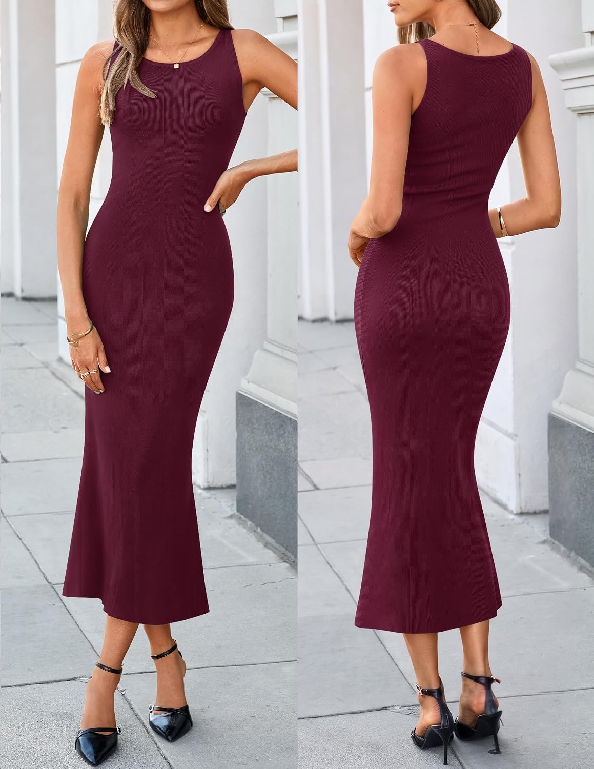 image:imageZESICA Womens Fall Two Piece Outfits Shawl Poncho Sweater Bodycon DressesBurgundy