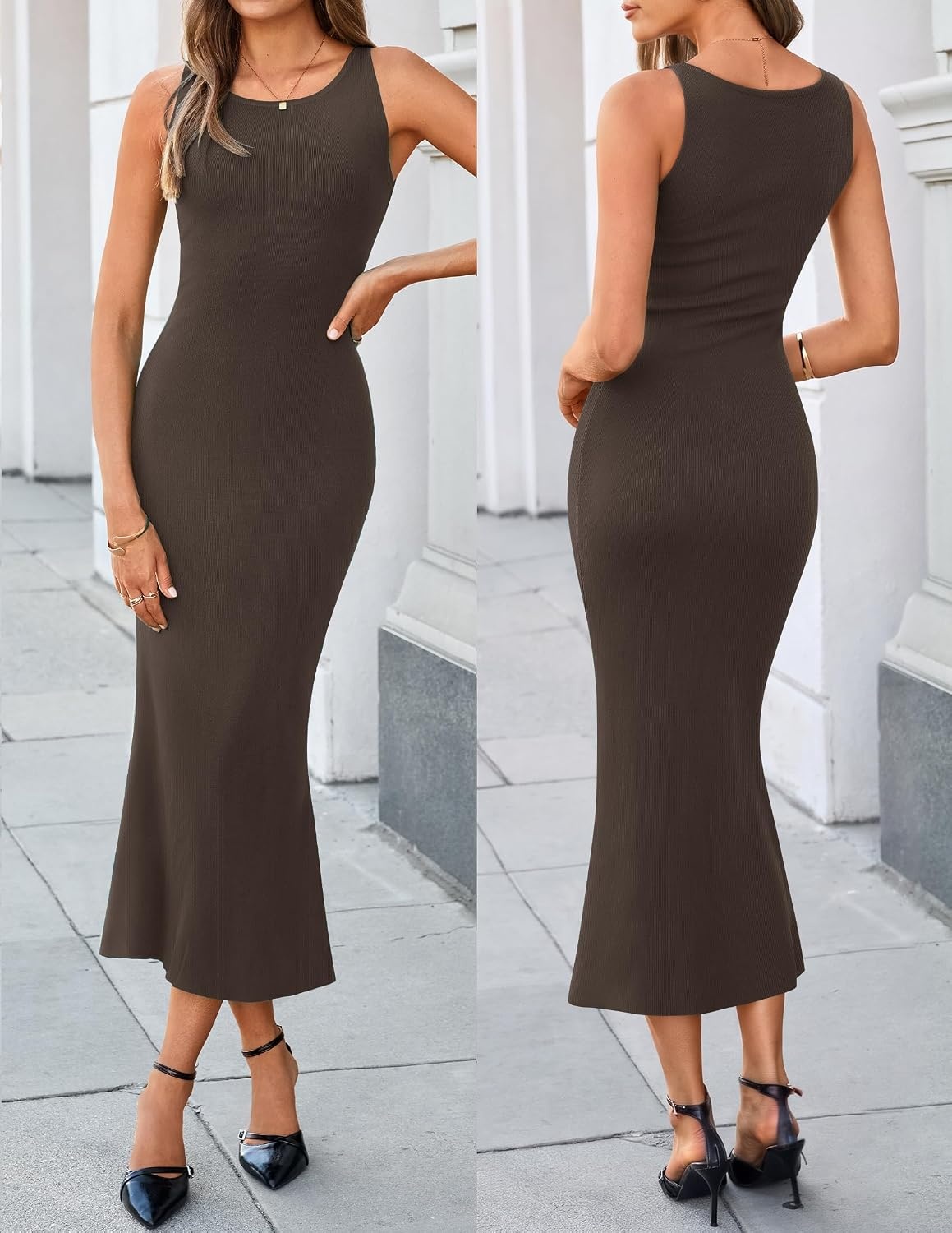 image:imageZESICA Womens Fall Two Piece Outfits Shawl Poncho Sweater Bodycon DressesCoffee