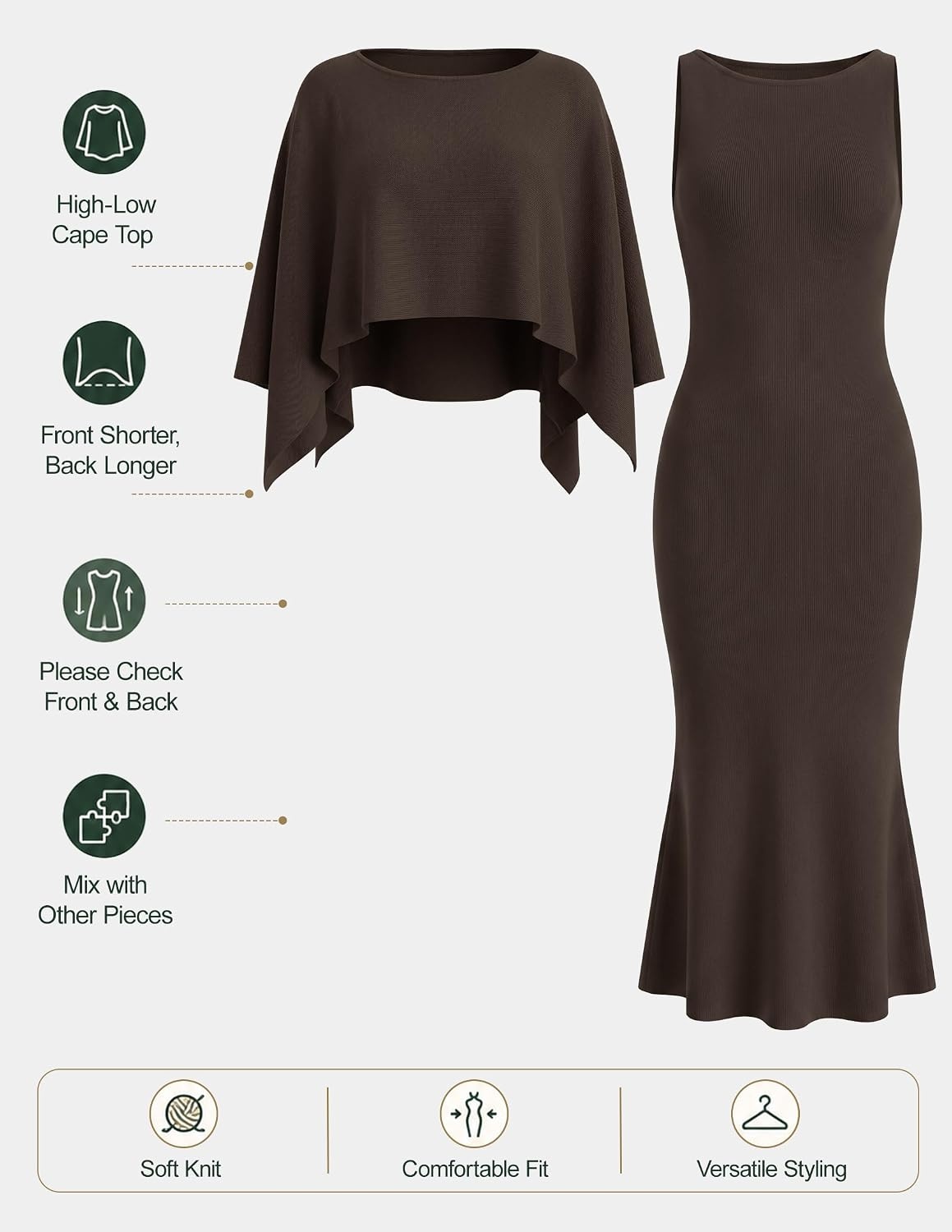 image:imageZESICA Womens Fall Two Piece Outfits Shawl Poncho Sweater Bodycon DressesCoffee