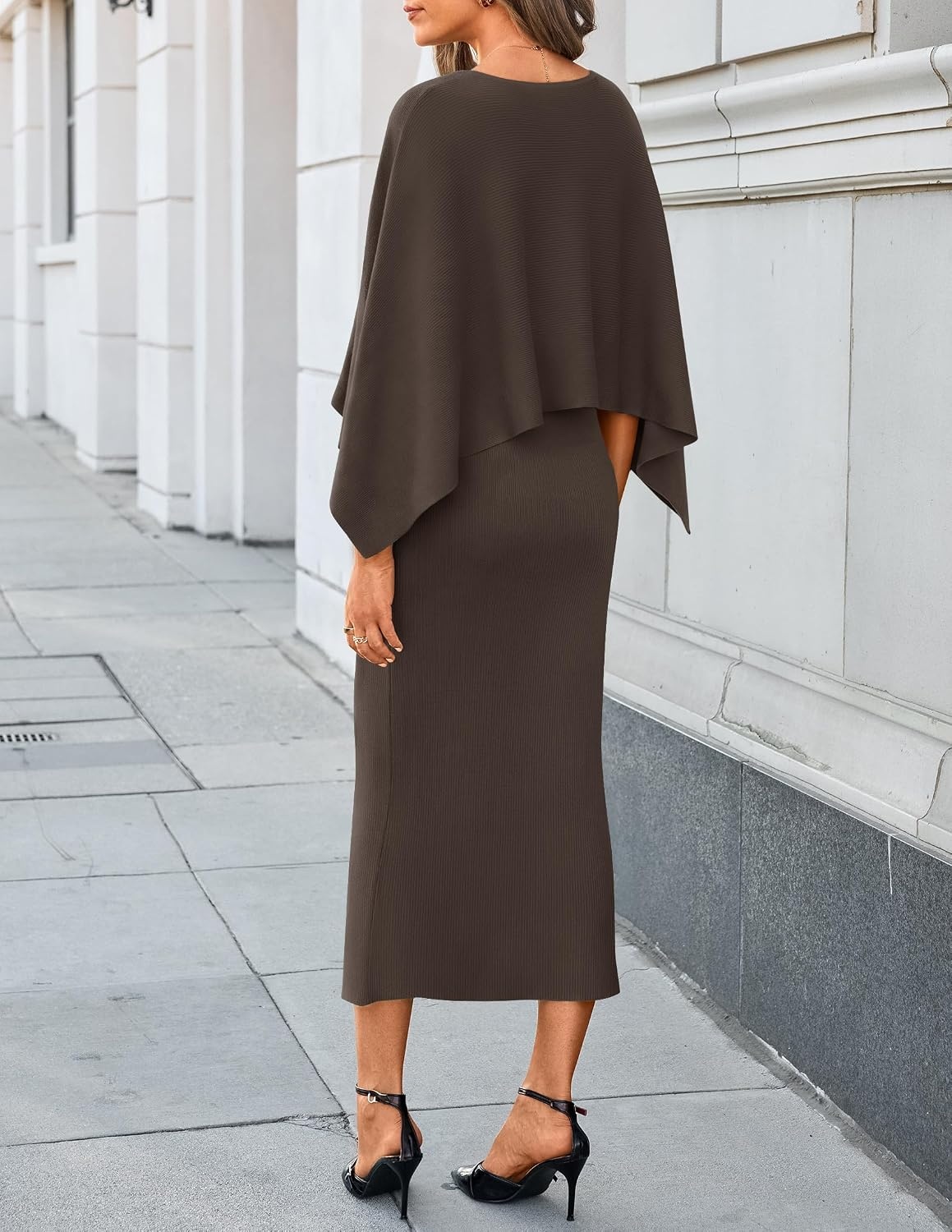 image:imageZESICA Womens Fall Two Piece Outfits Shawl Poncho Sweater Bodycon DressesCoffee