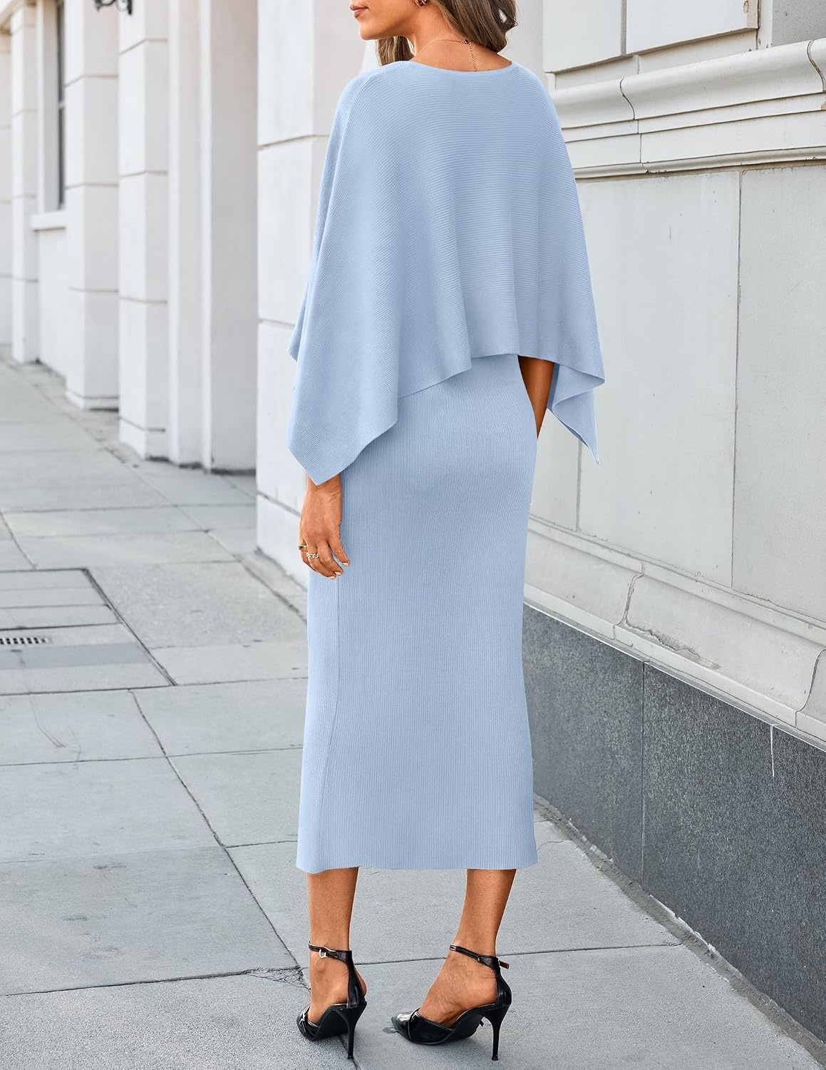 image:imageZESICA Womens Fall Two Piece Outfits Shawl Poncho Sweater Bodycon DressesLight Blue