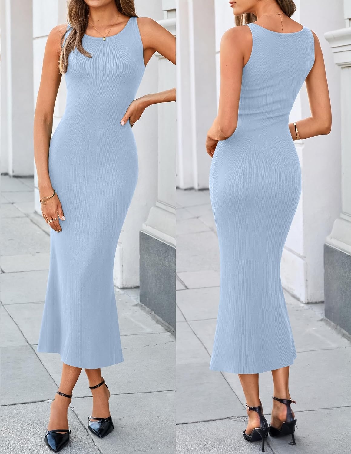 image:imageZESICA Womens Fall Two Piece Outfits Shawl Poncho Sweater Bodycon DressesLight Blue