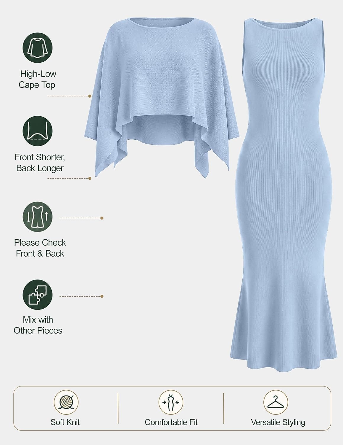 image:imageZESICA Womens Fall Two Piece Outfits Shawl Poncho Sweater Bodycon DressesLight Blue