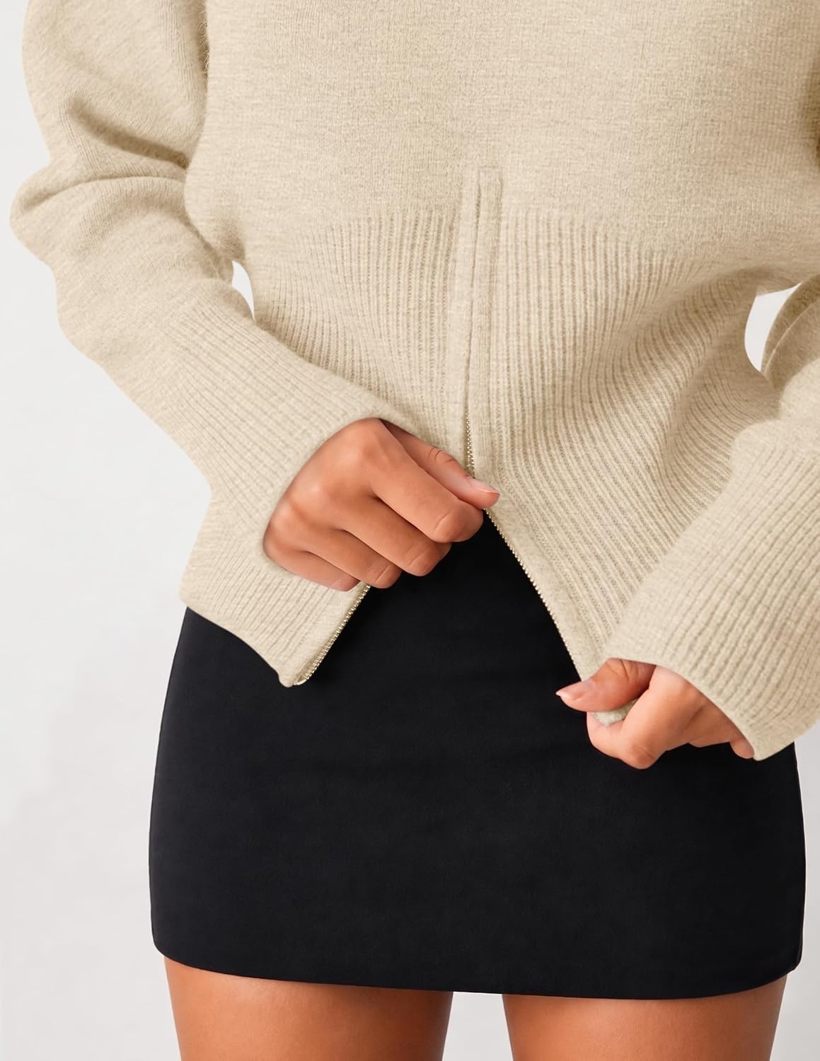 image:imageZESICA Womens Fall Zipper Pullover Sweaters 2026 Cozy Ribbed Knit TopsApricot