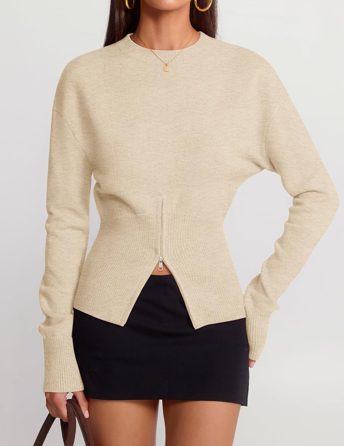 image:imageZESICA Womens Fall Zipper Pullover Sweaters 2026 Cozy Ribbed Knit TopsApricot