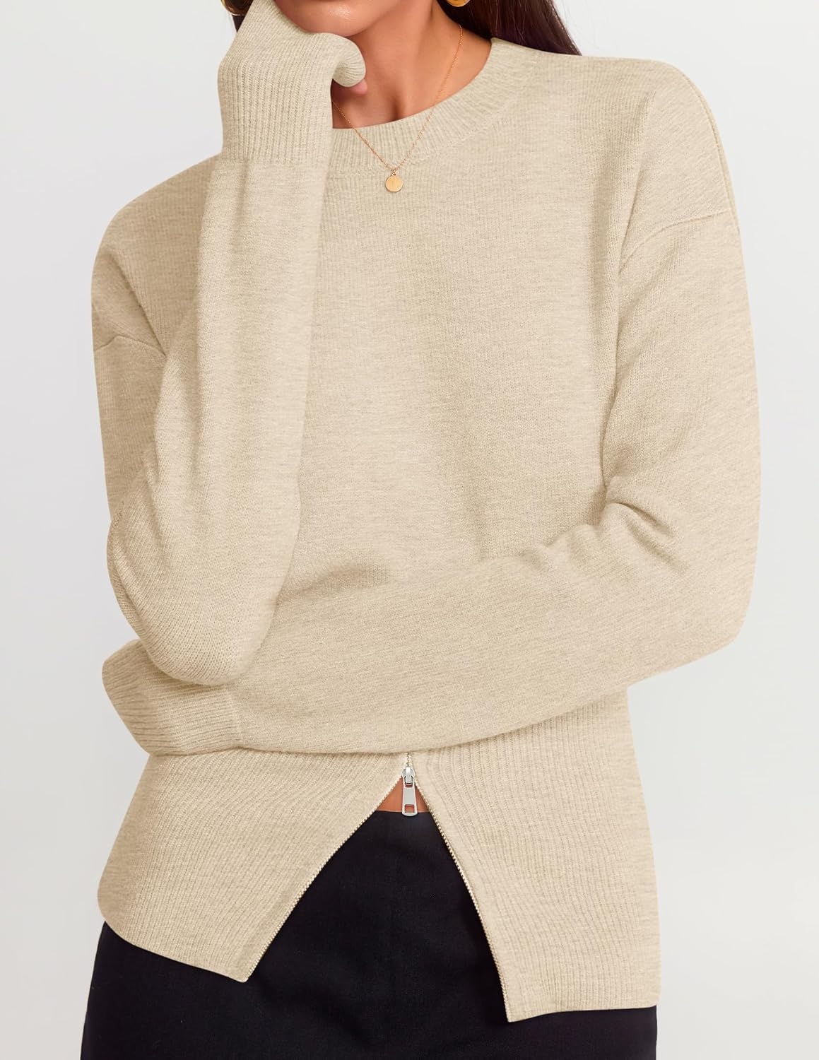 image:imageZESICA Womens Fall Zipper Pullover Sweaters 2026 Cozy Ribbed Knit TopsApricot