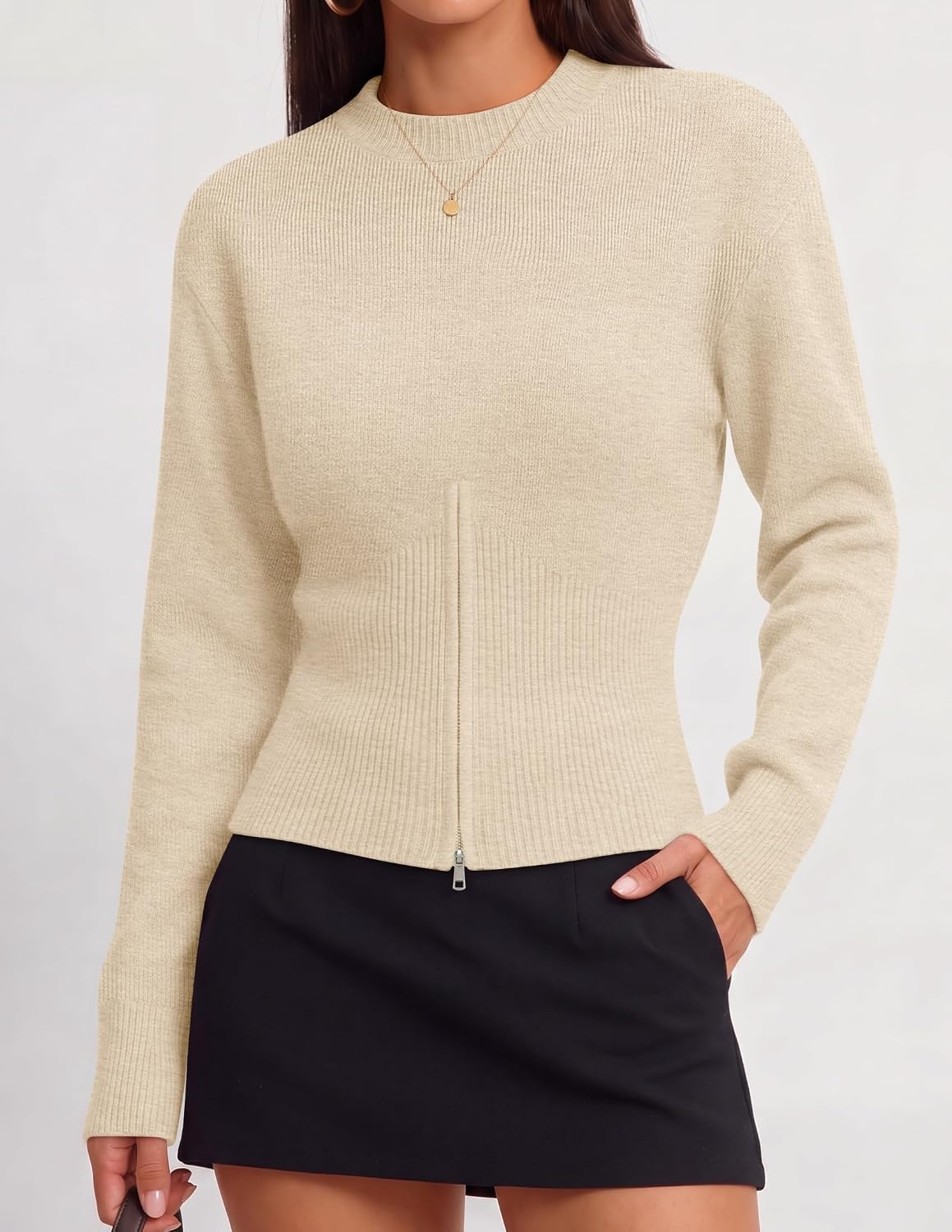 image:imageZESICA Womens Fall Zipper Pullover Sweaters 2026 Cozy Ribbed Knit TopsApricot
