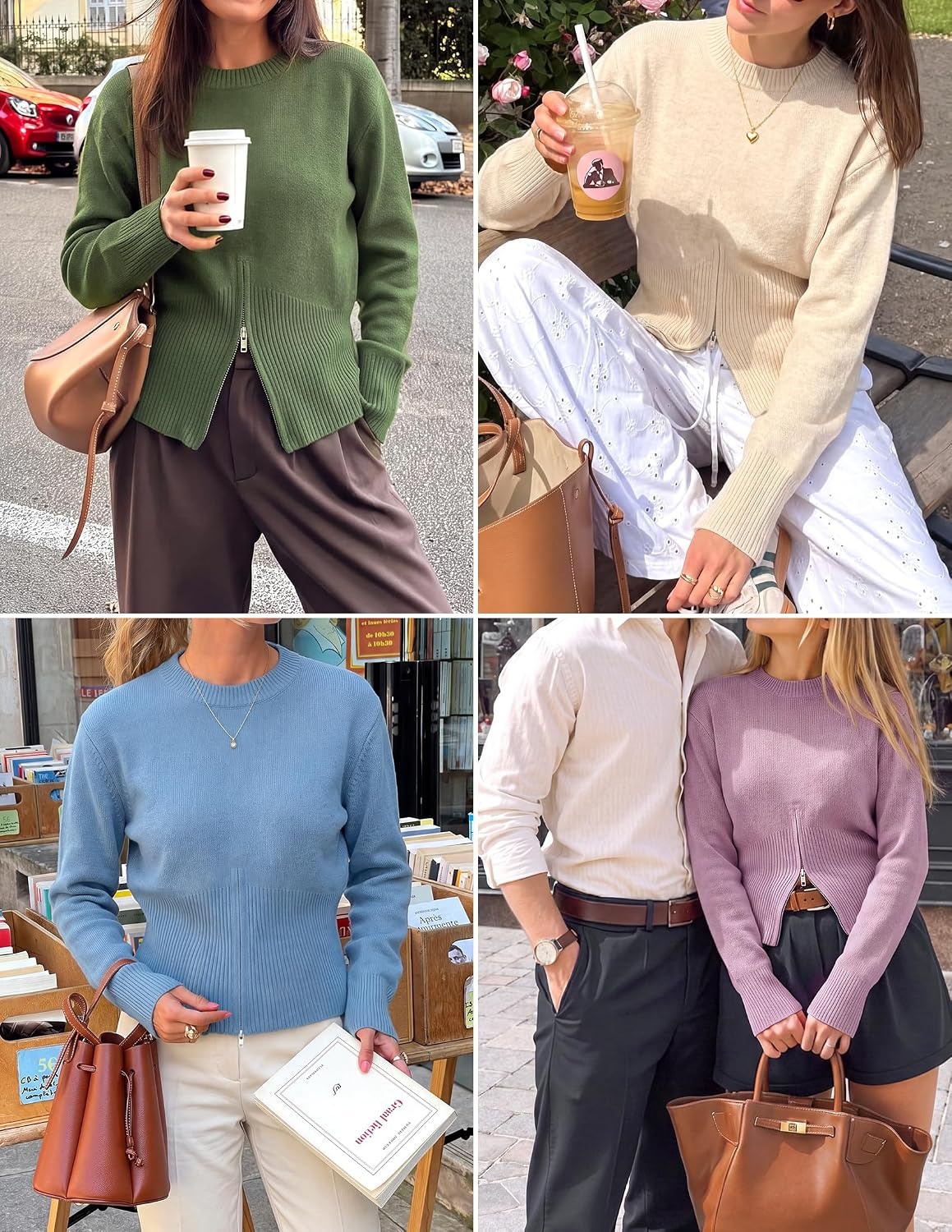 image:imageZESICA Womens Fall Zipper Pullover Sweaters 2026 Cozy Ribbed Knit TopsApricot