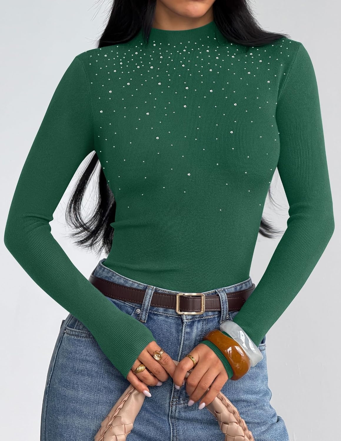 image:imageZESICA Womens Long Sleeve Bussiness Casual Fashion Knit Sweater TopsDark Green