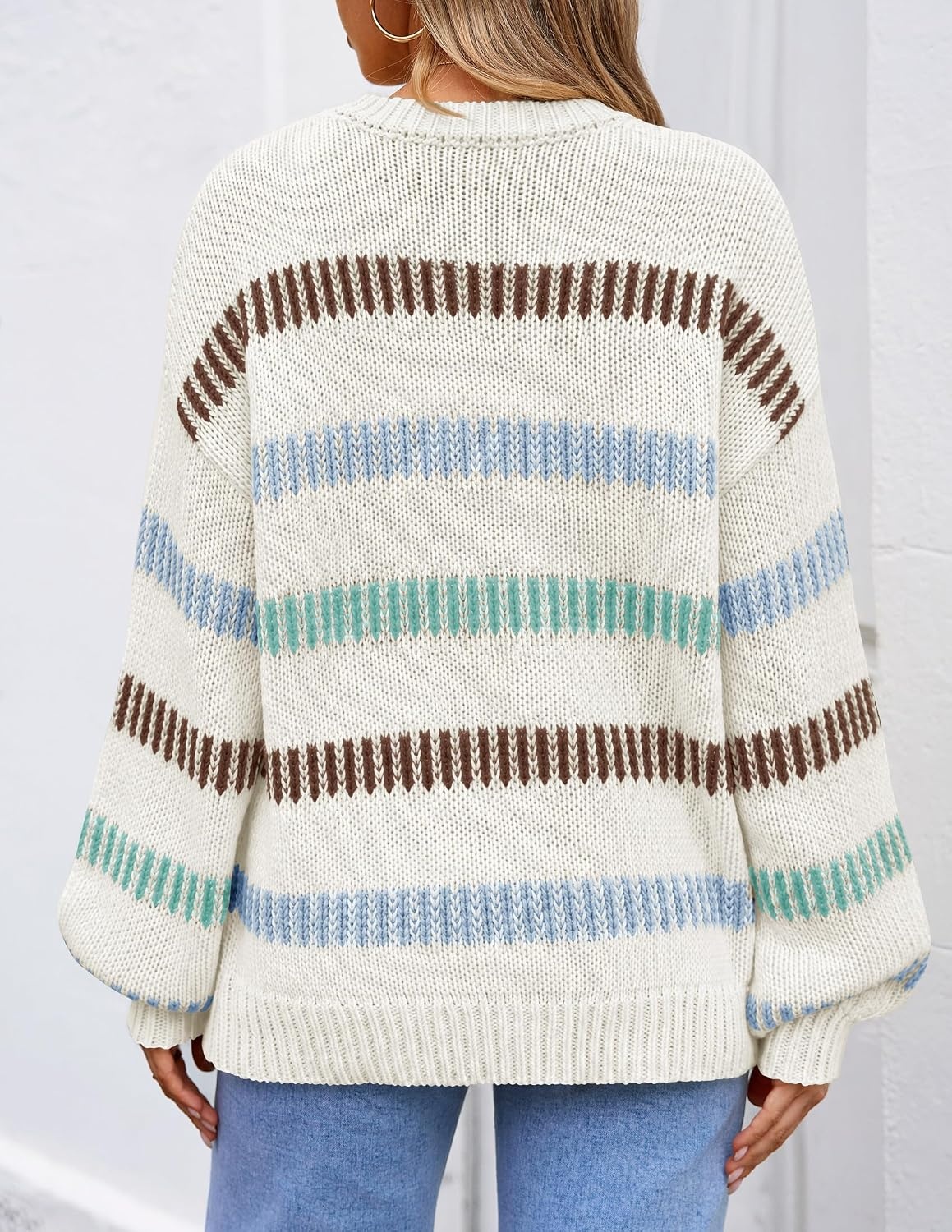 image:imageZESICA Womens Striped Fall Winter Sweaters Oversize Cozy Casual Work OutfitBeige