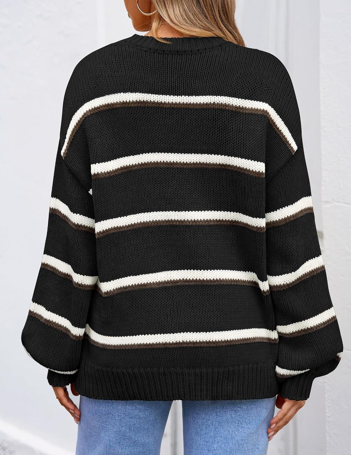 image:imageZESICA Womens Striped Fall Winter Sweaters Oversize Cozy Casual Work OutfitBlack