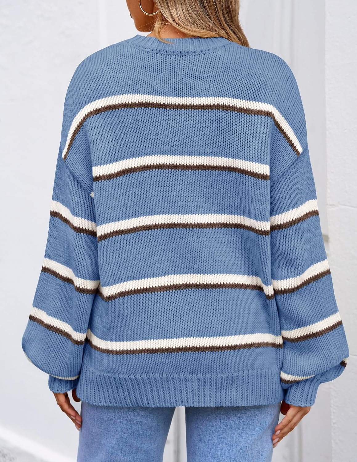 image:imageZESICA Womens Striped Fall Winter Sweaters Oversize Cozy Casual Work OutfitBlue