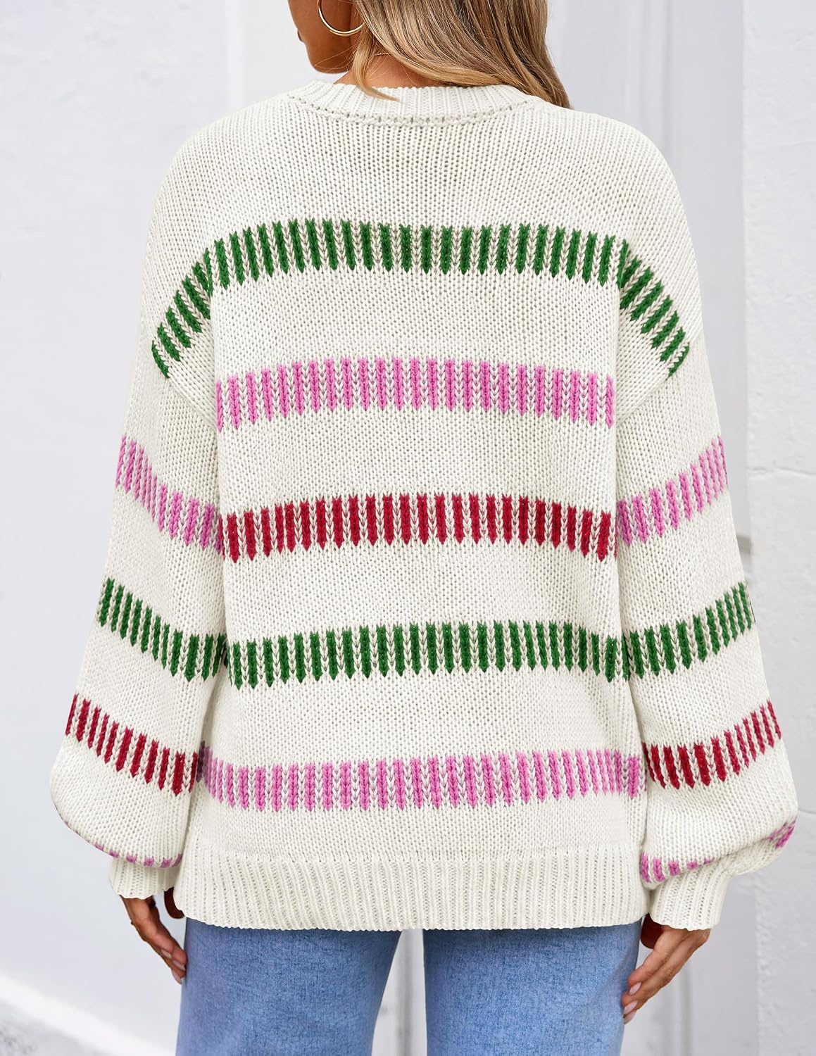 image:imageZESICA Womens Striped Fall Winter Sweaters Oversize Cozy Casual Work OutfitGreen