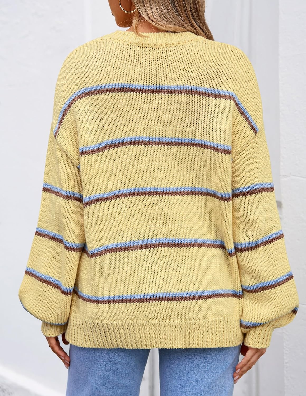 image:imageZESICA Womens Striped Fall Winter Sweaters Oversize Cozy Casual Work OutfitYellow